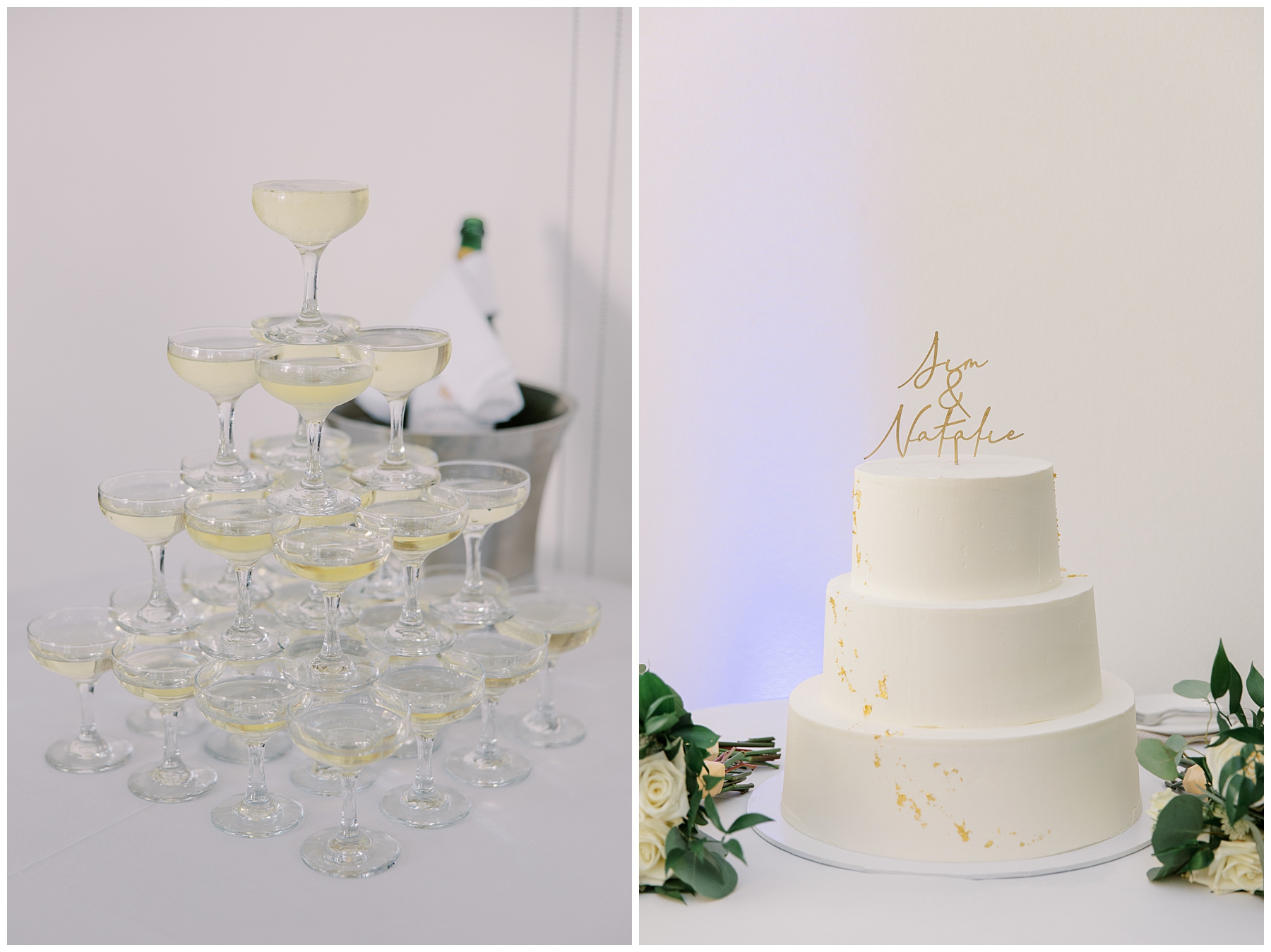 wedding cake and champagne tower from Elegant Belle Mer Wedding