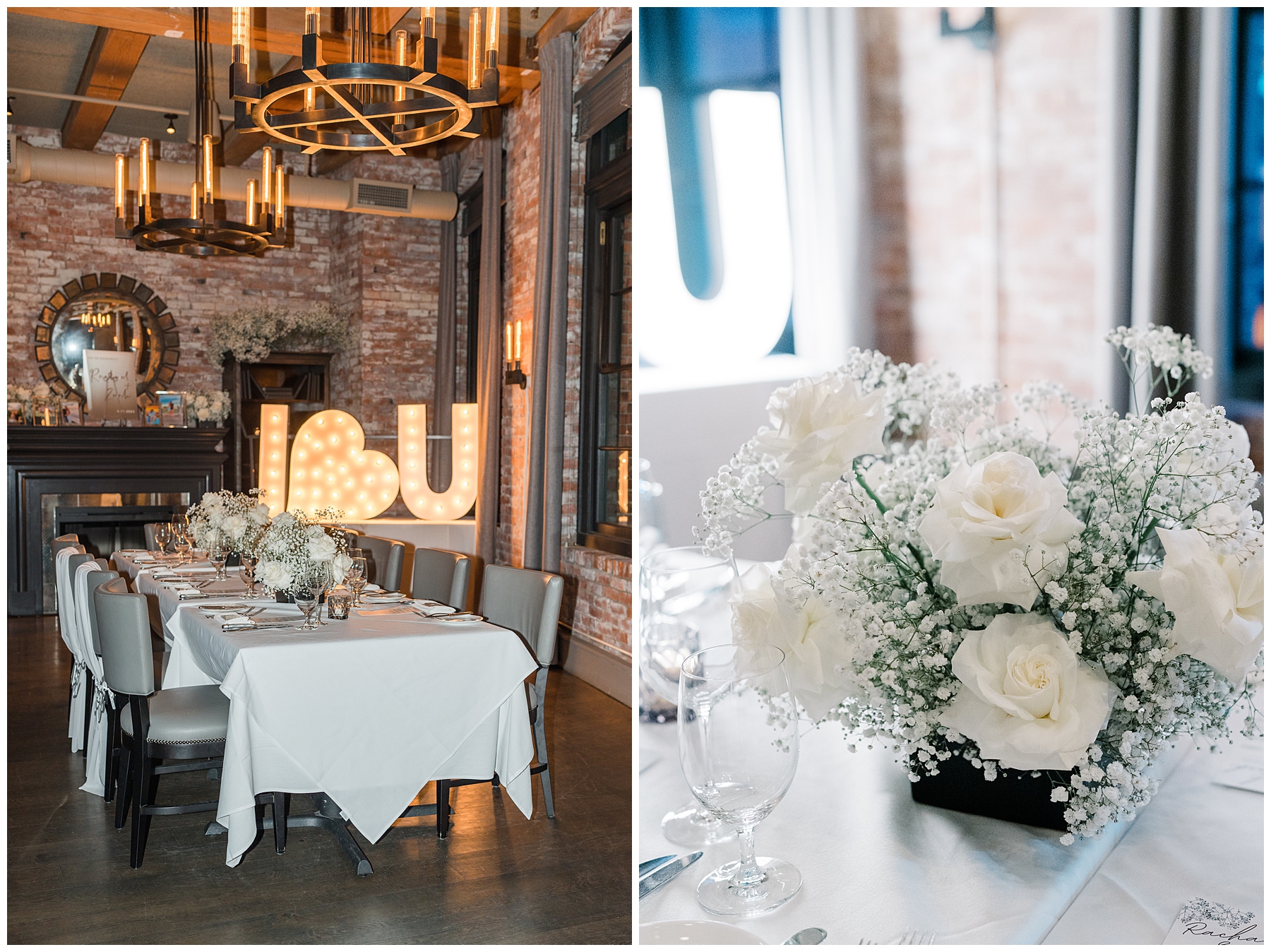 white rose centerpieces with baby's breath at engagement dinner in Boston 