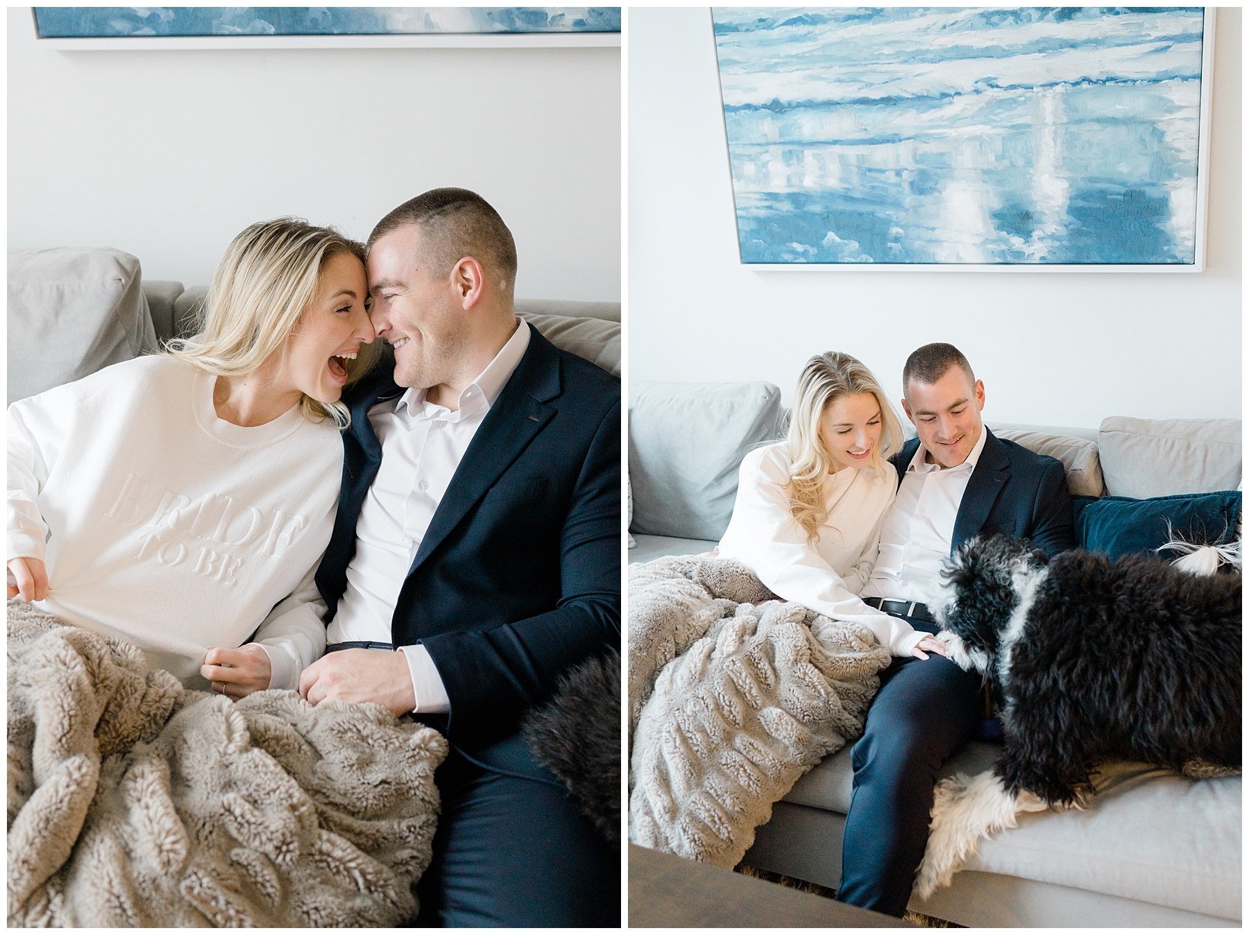 cozy engagement portraits with woman in bride-to-be white sweatshirt