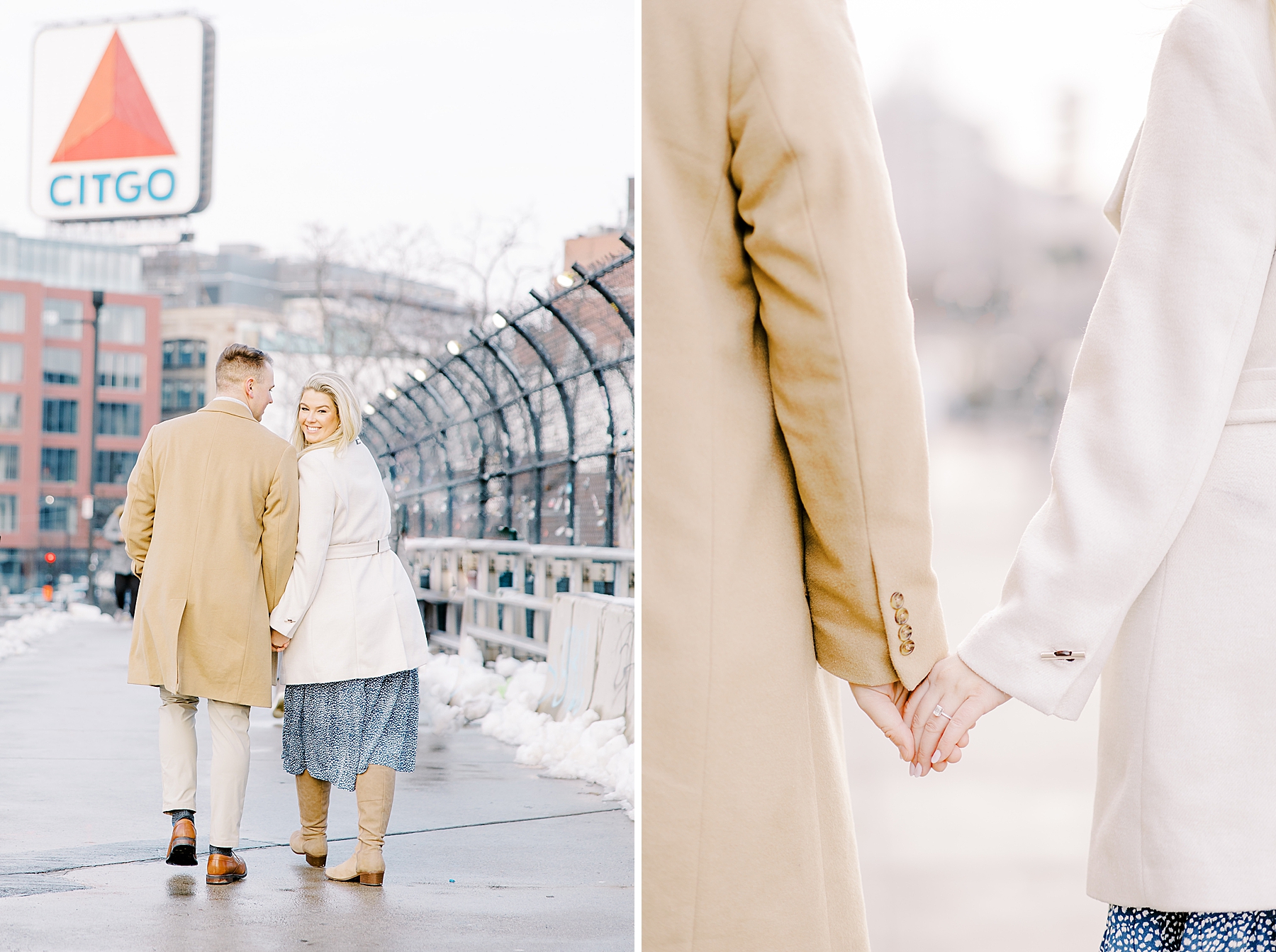 couple walk together holding hands during Boston engagement 