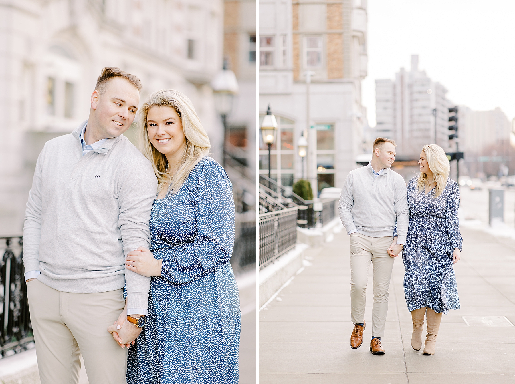 timeless engagement portraits of couple walking together in Boston South end