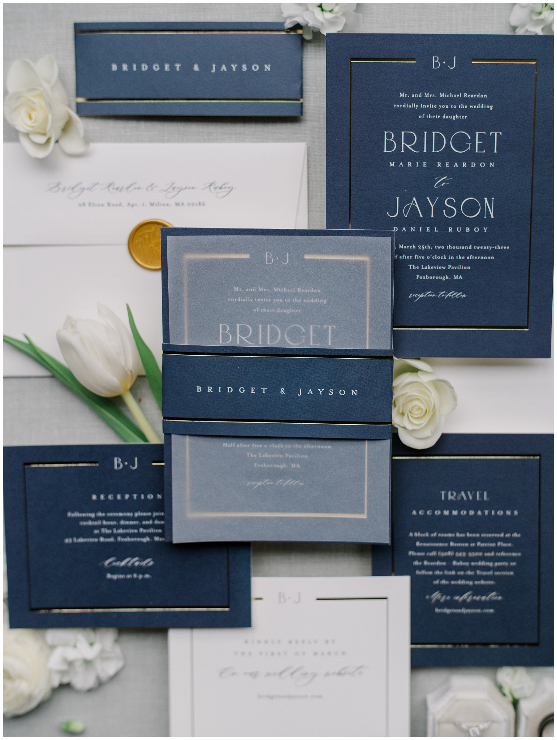 navy blue invitations and flat lay from Elegant Lakeview Pavilion Wedding 