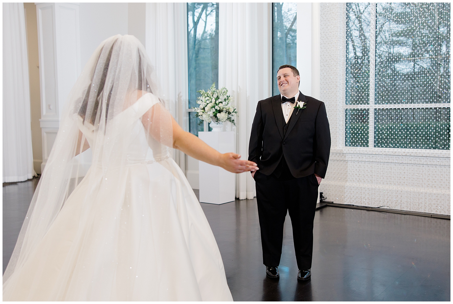 bride and groom first look from Elegant Lakeview Pavilion Wedding 