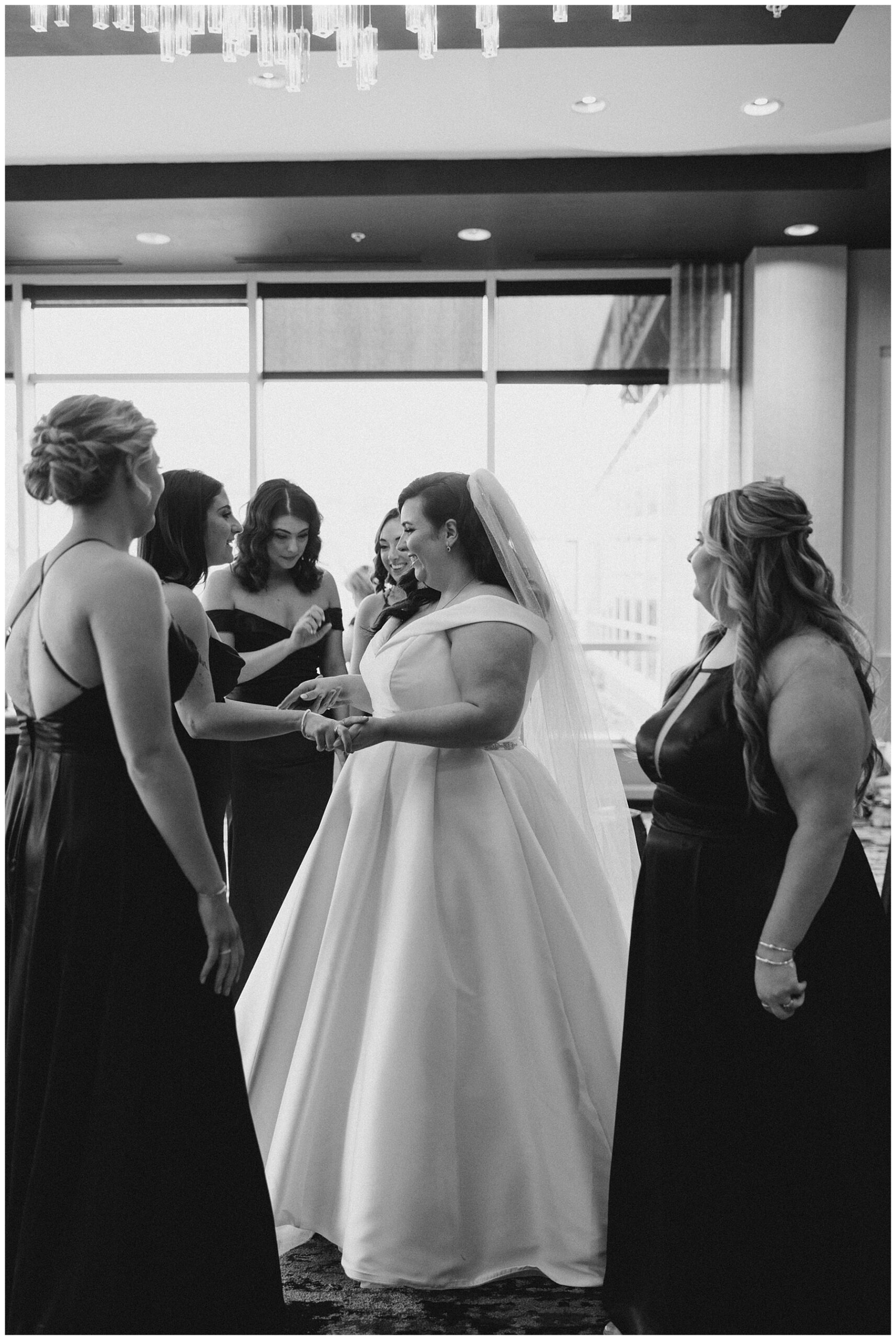 bridesmaids' first look with before Elegant Lakeview Pavilion Wedding 