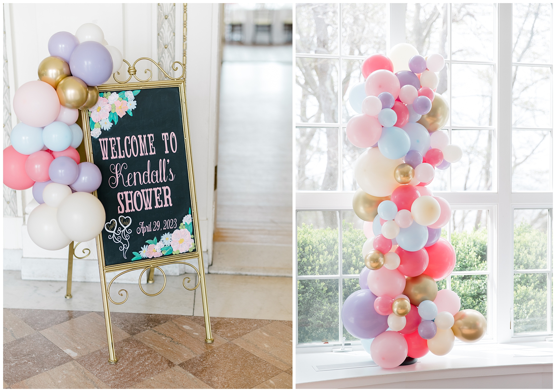 colorful balloons and sign from bridal shower at the Elegant Tupper Manor