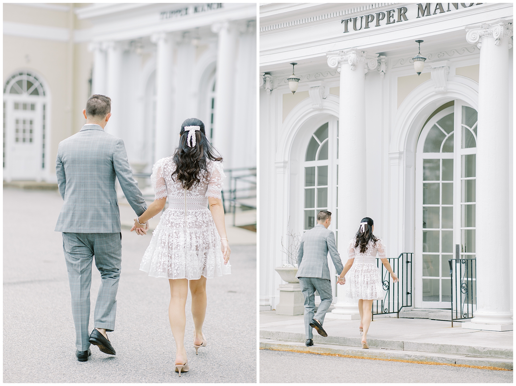couple walks the steps up to Tupper Manor for surprise Bridal Shower