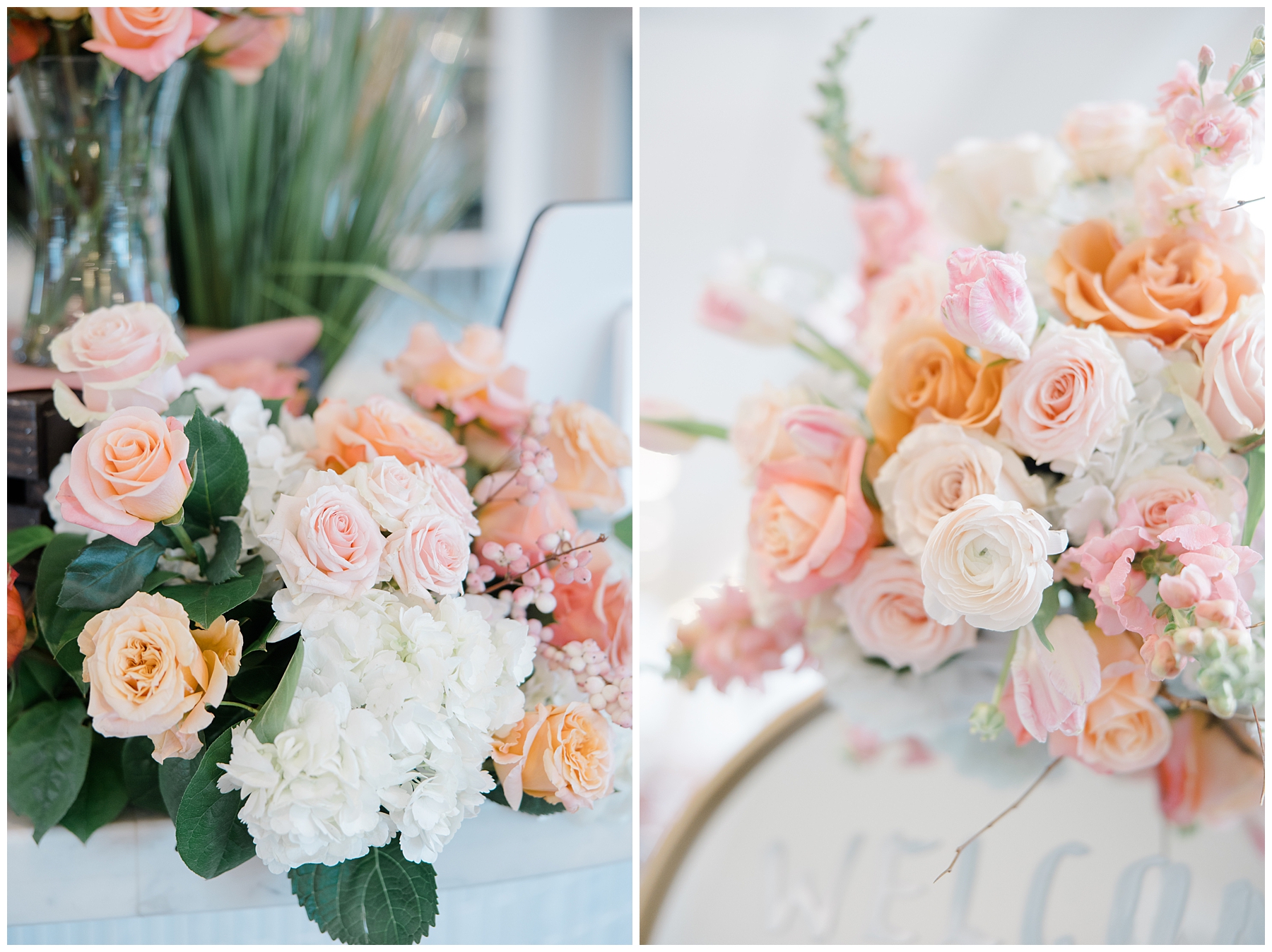 elegant white, pink, orange floral arrangements