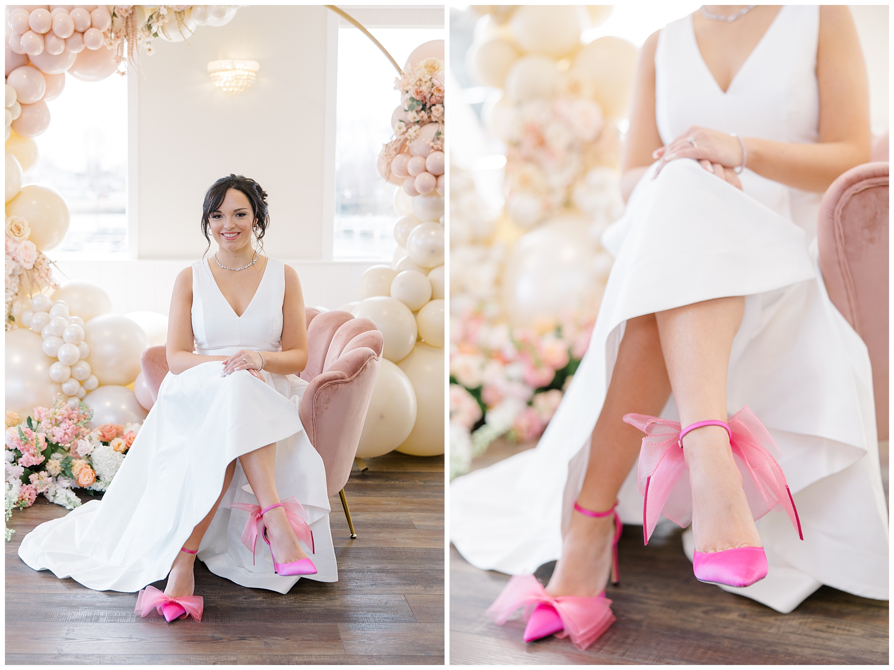 bride-to-be at shower in white dress and pink shoes