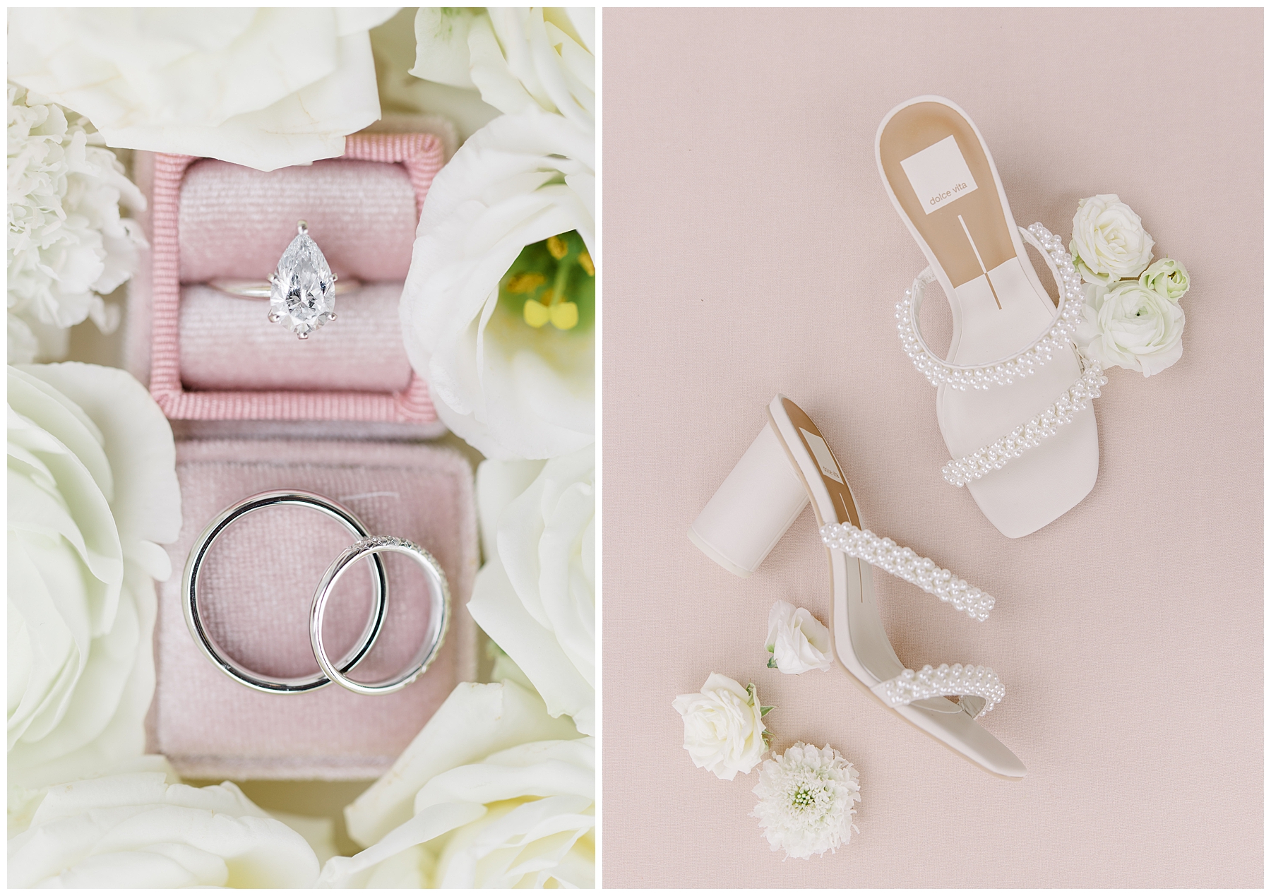 wedding rings in blush pink ring boxes and bride's wedding shoes