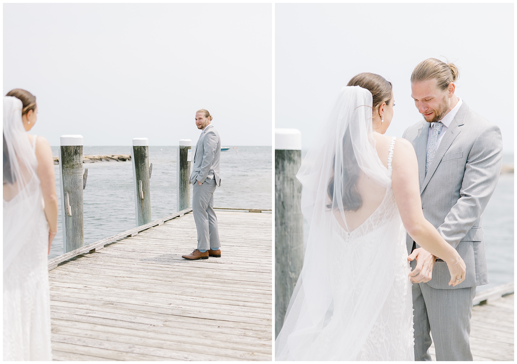 bride and groom first look on the docks at Wychmere Beach Club