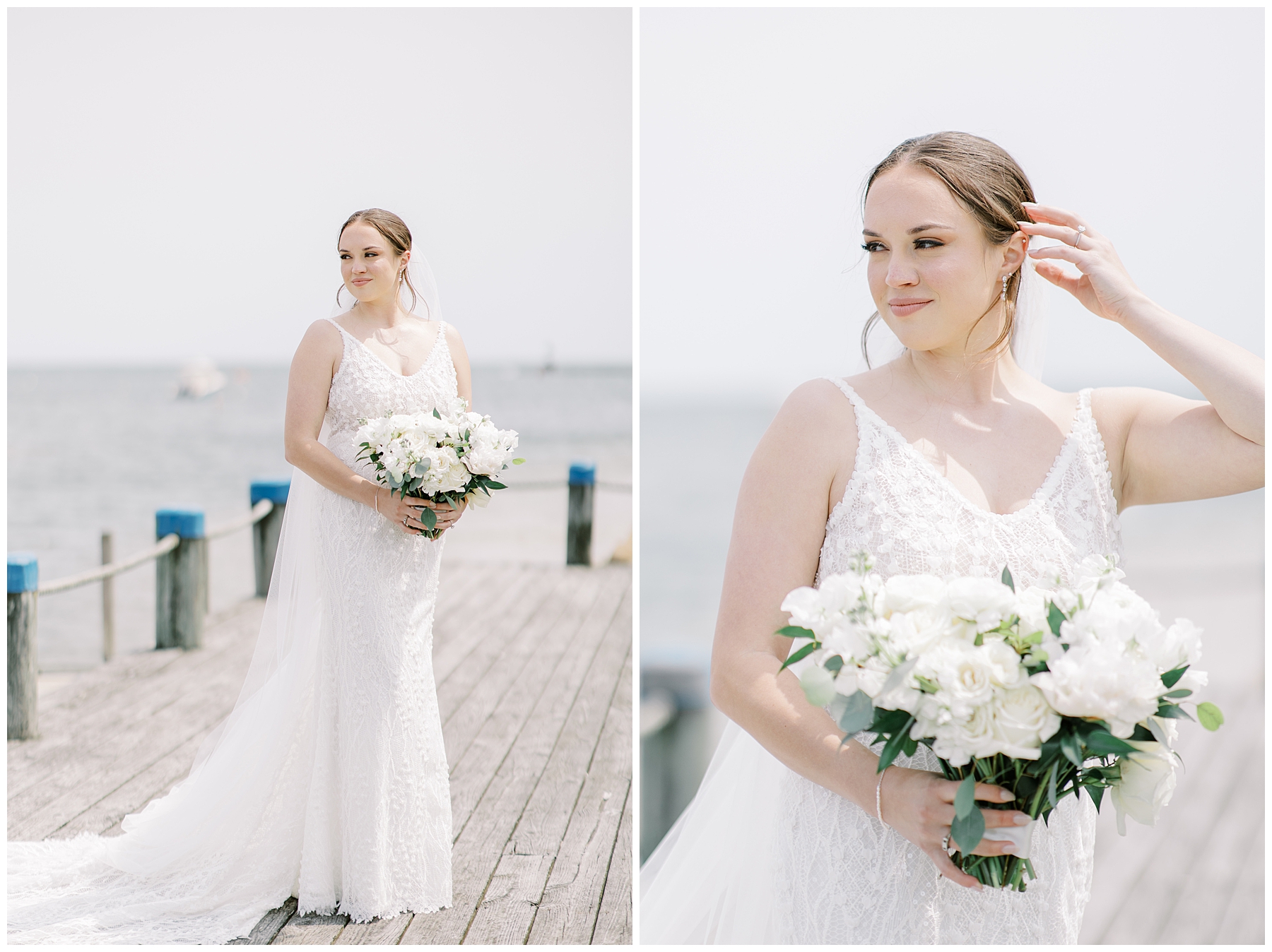 bride wedding portraits on docks in Cape Cod at Wychmere Beach Club
