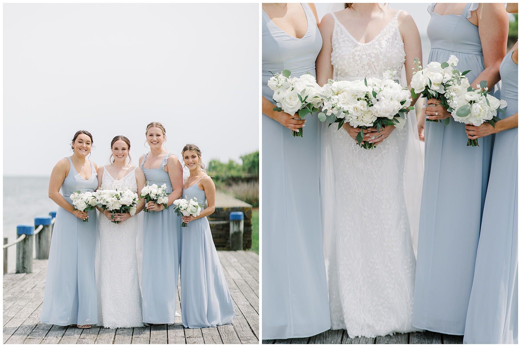 bride and bridesmaids in light blue dresses and white flower bouquets