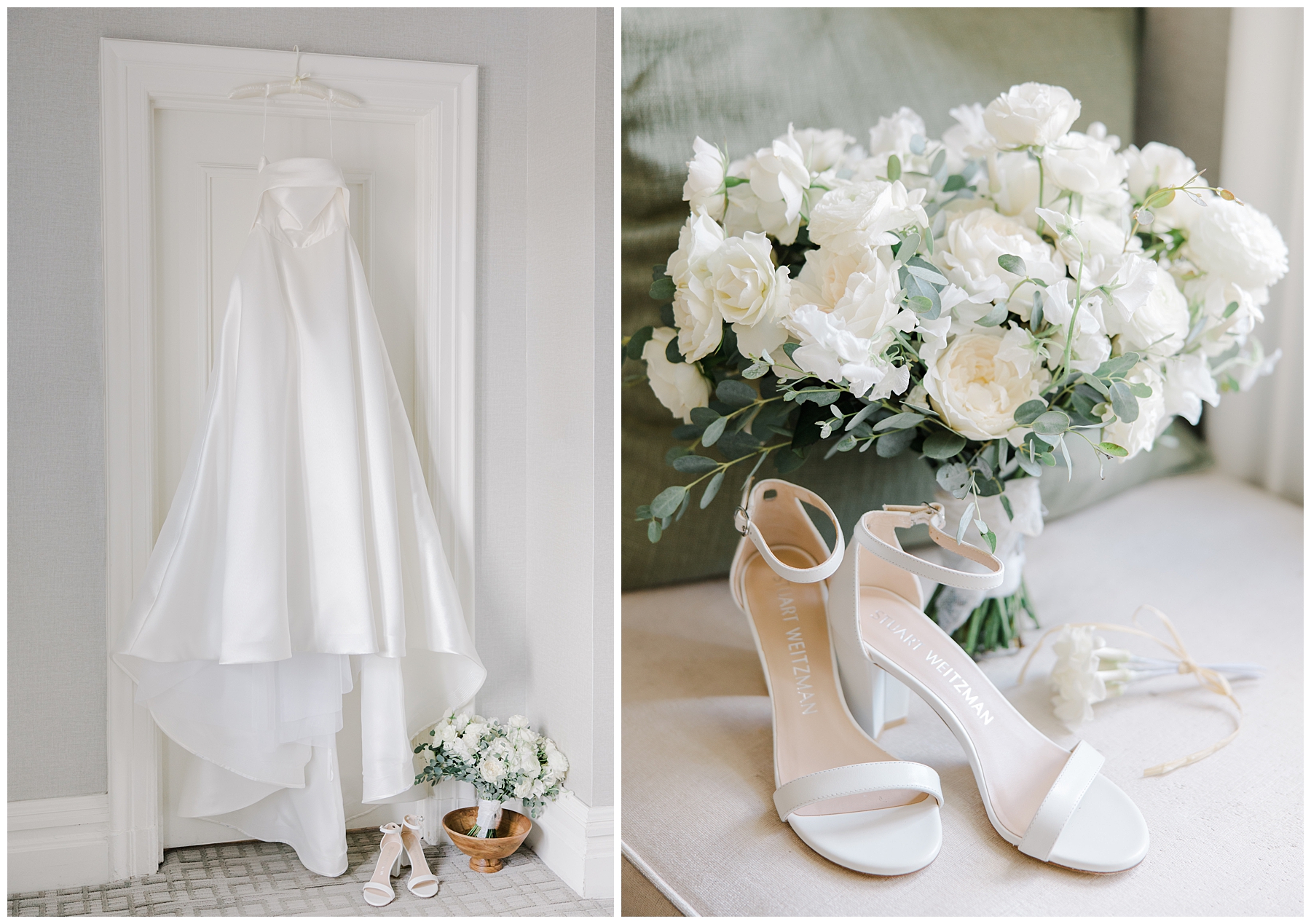 bride's wedding shoes and classic white bridal bouquet
