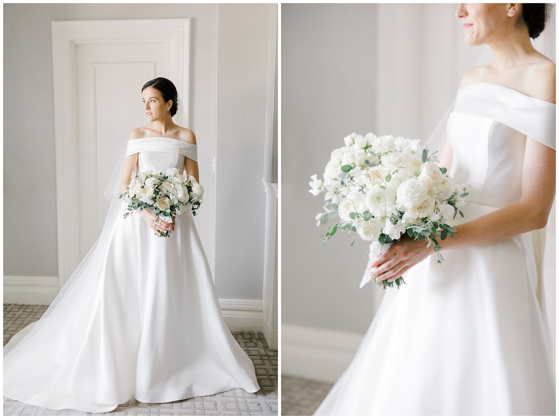 bride in off shoulder wedding dress holds classic white bouquet
