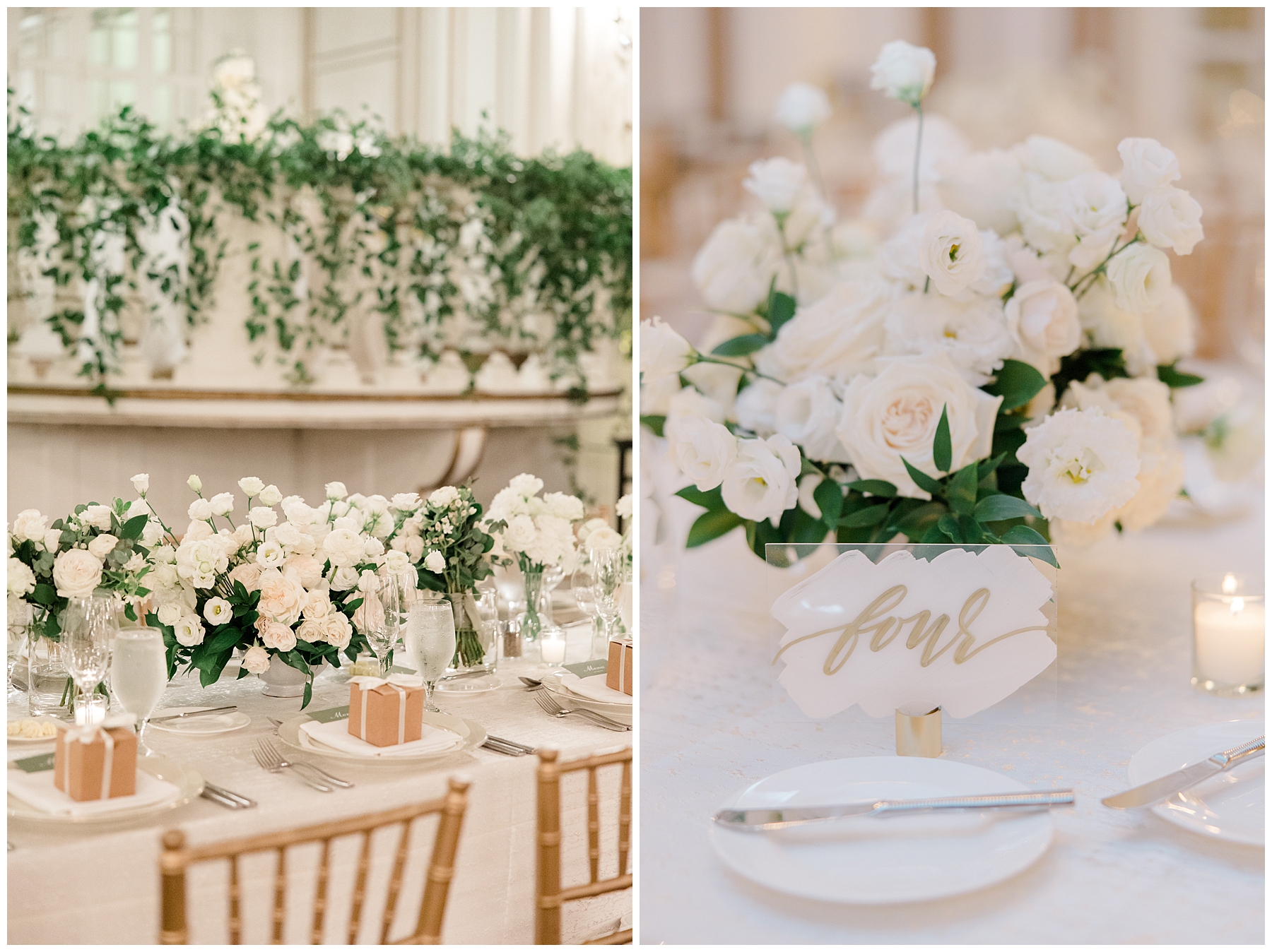 timeless floral arrangements decorate Luxury Boston Wedding at Fairmont Copley Plaza