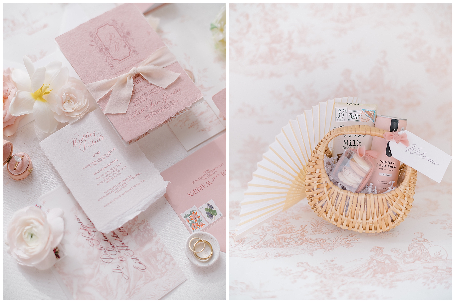 wedding details and favors in blush pink tones
