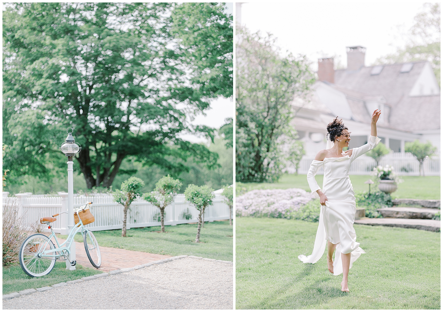 bride walks across lawn at Smith Farm Gardens