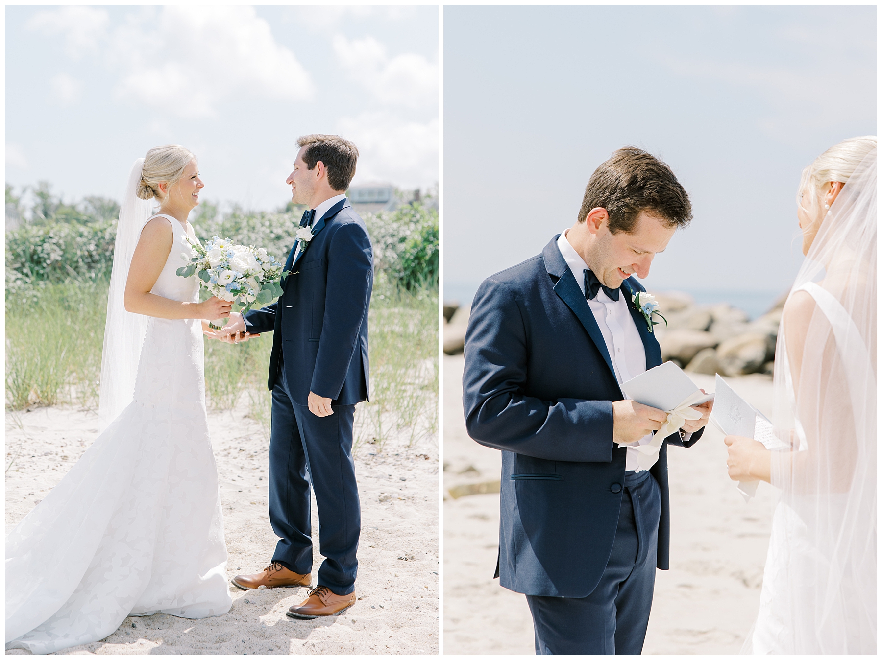 bride and groom share private vows on the beach