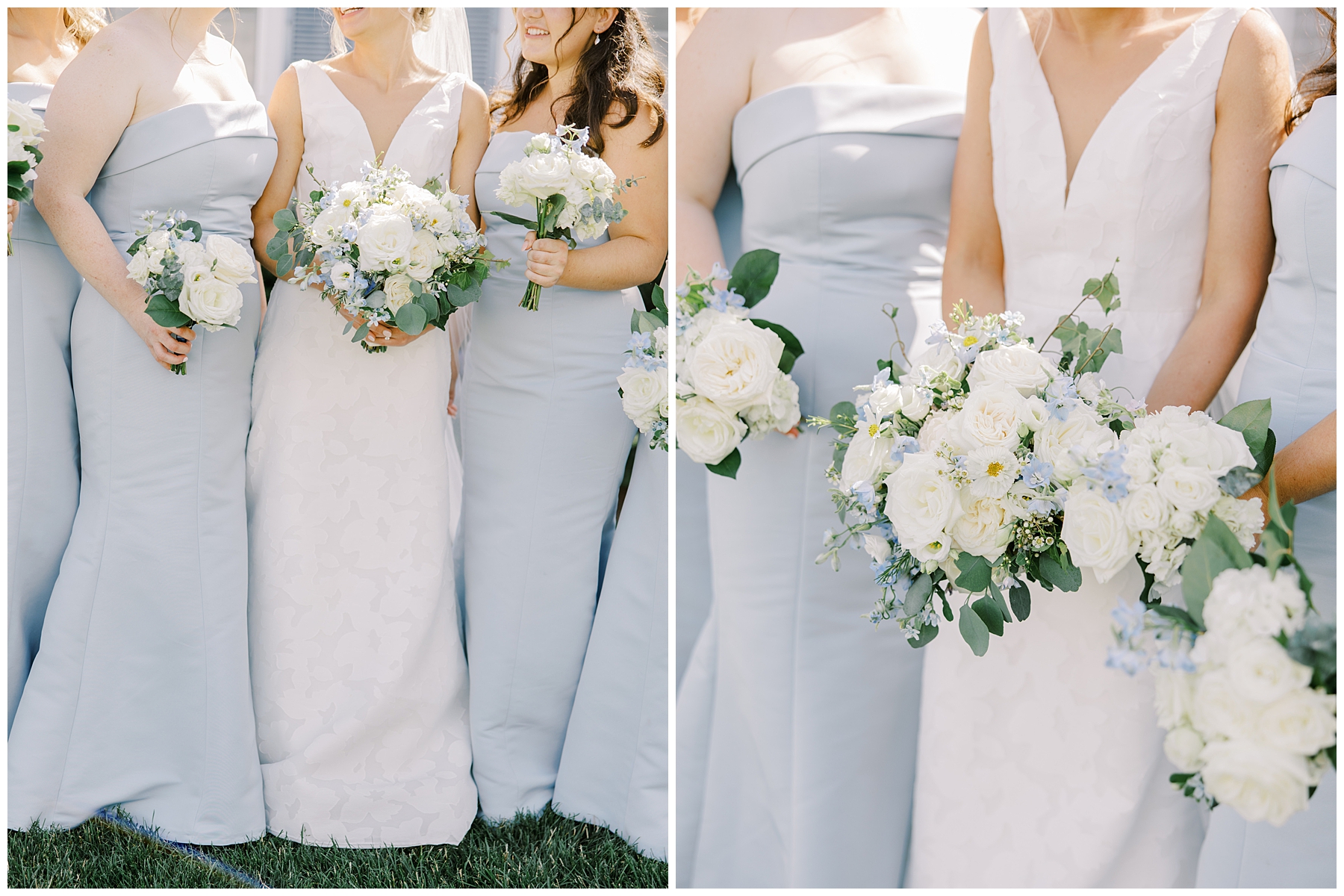 elegant dusty blue bridesmaids dresses and white bouquets