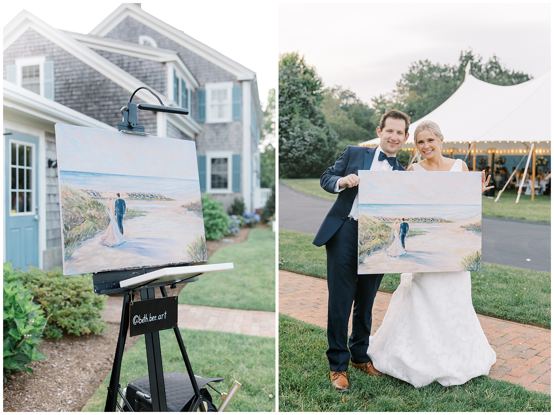 bride and groom hold up finished live painting from their Dreamy Cape Cod Wedding at The Dennis Inn