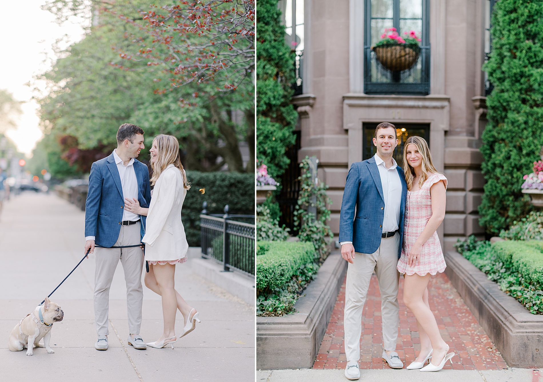 couple stand in front blooming trees during Boston Spring Engagement Session