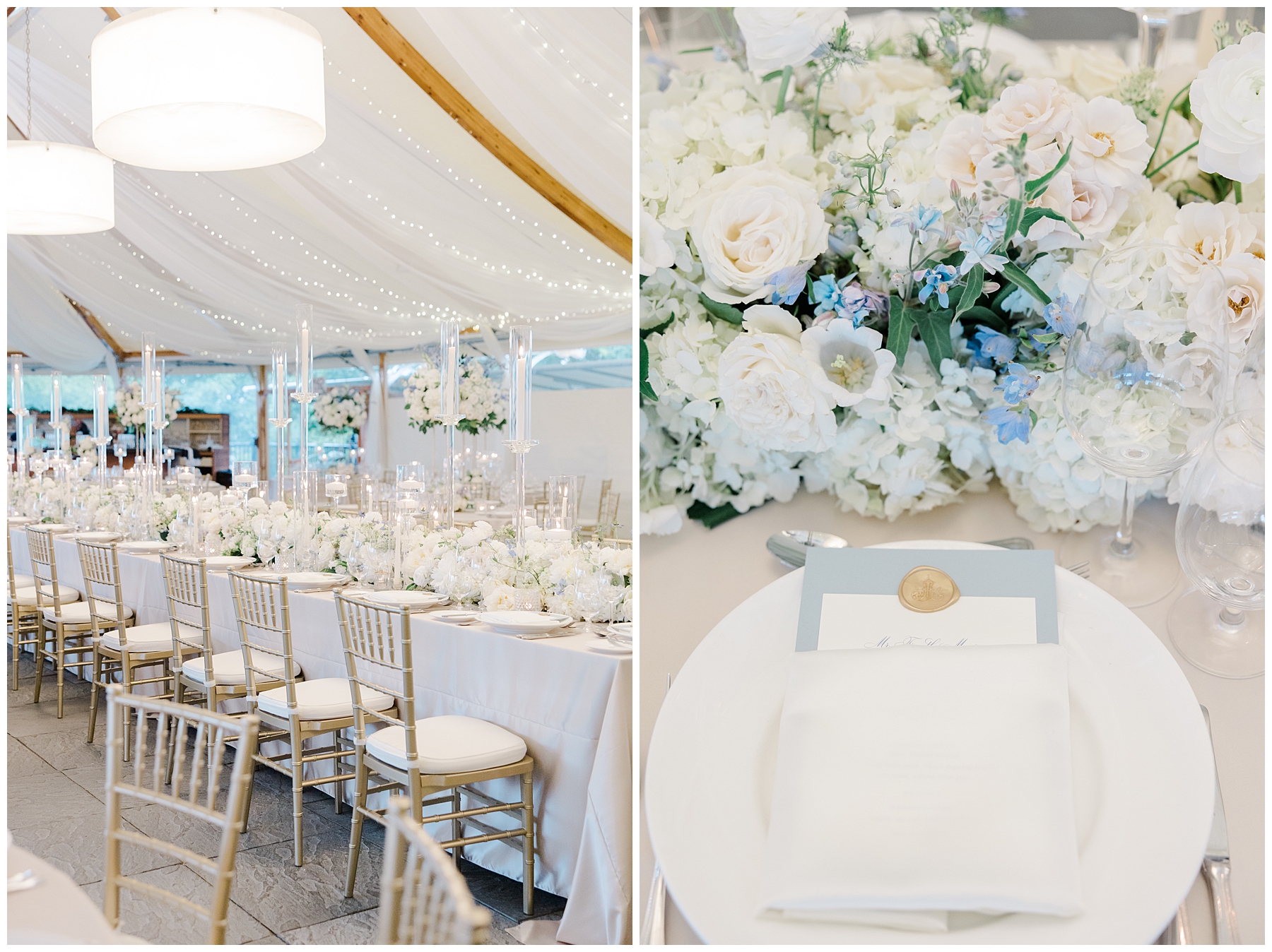 white flower centerpieces with blue flowers 