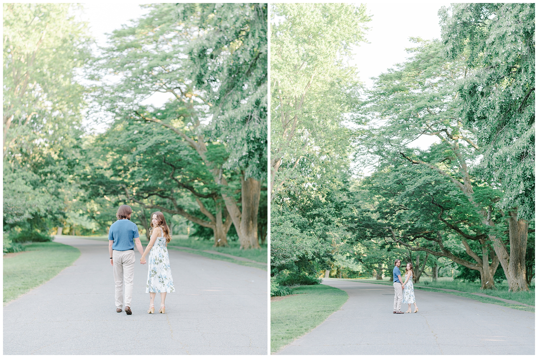 newly engaged couple walk together holding hands down path
