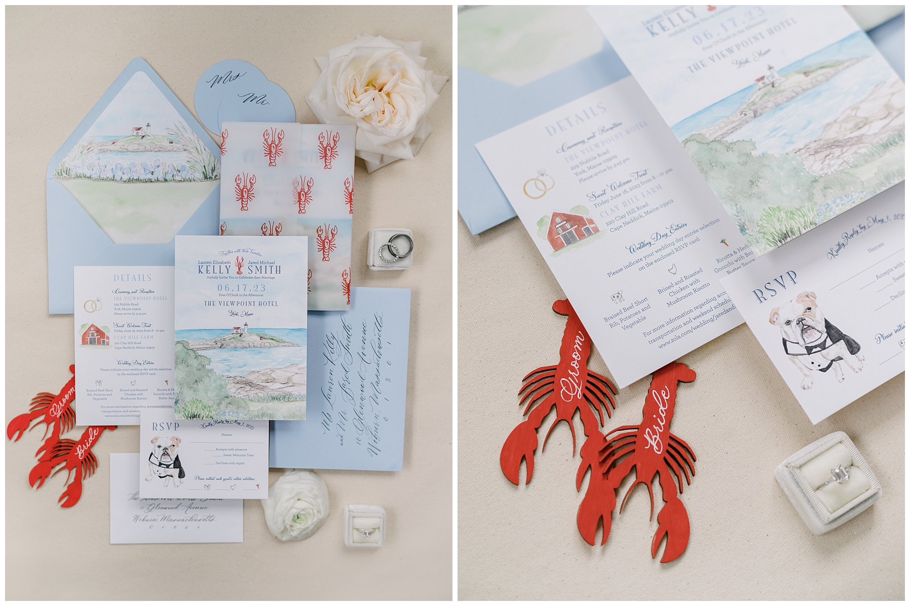 Invitations and flat lay design from Elevated Coastal Maine Wedding at ViewPoint Hotel