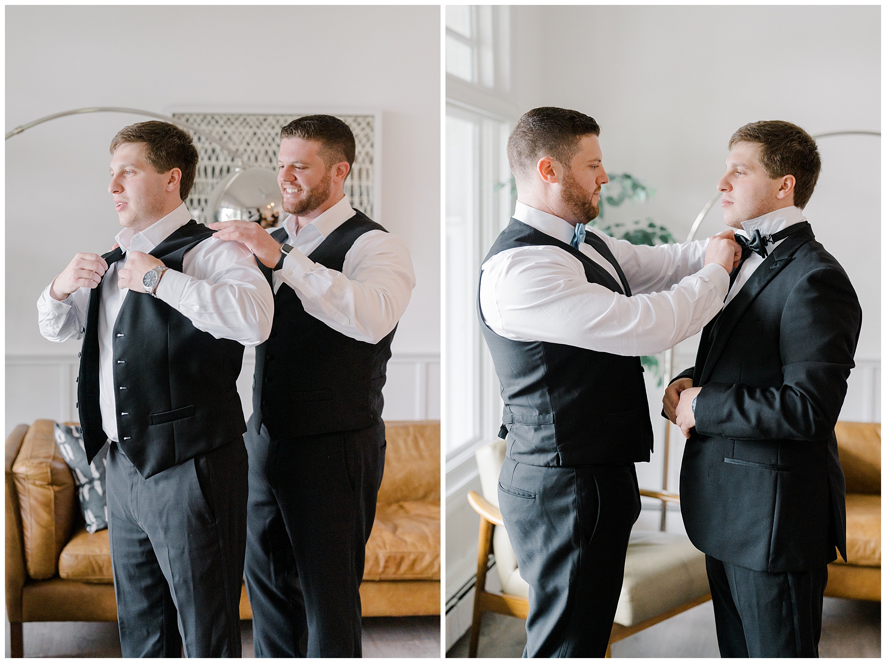 groom getting tux on before wedding