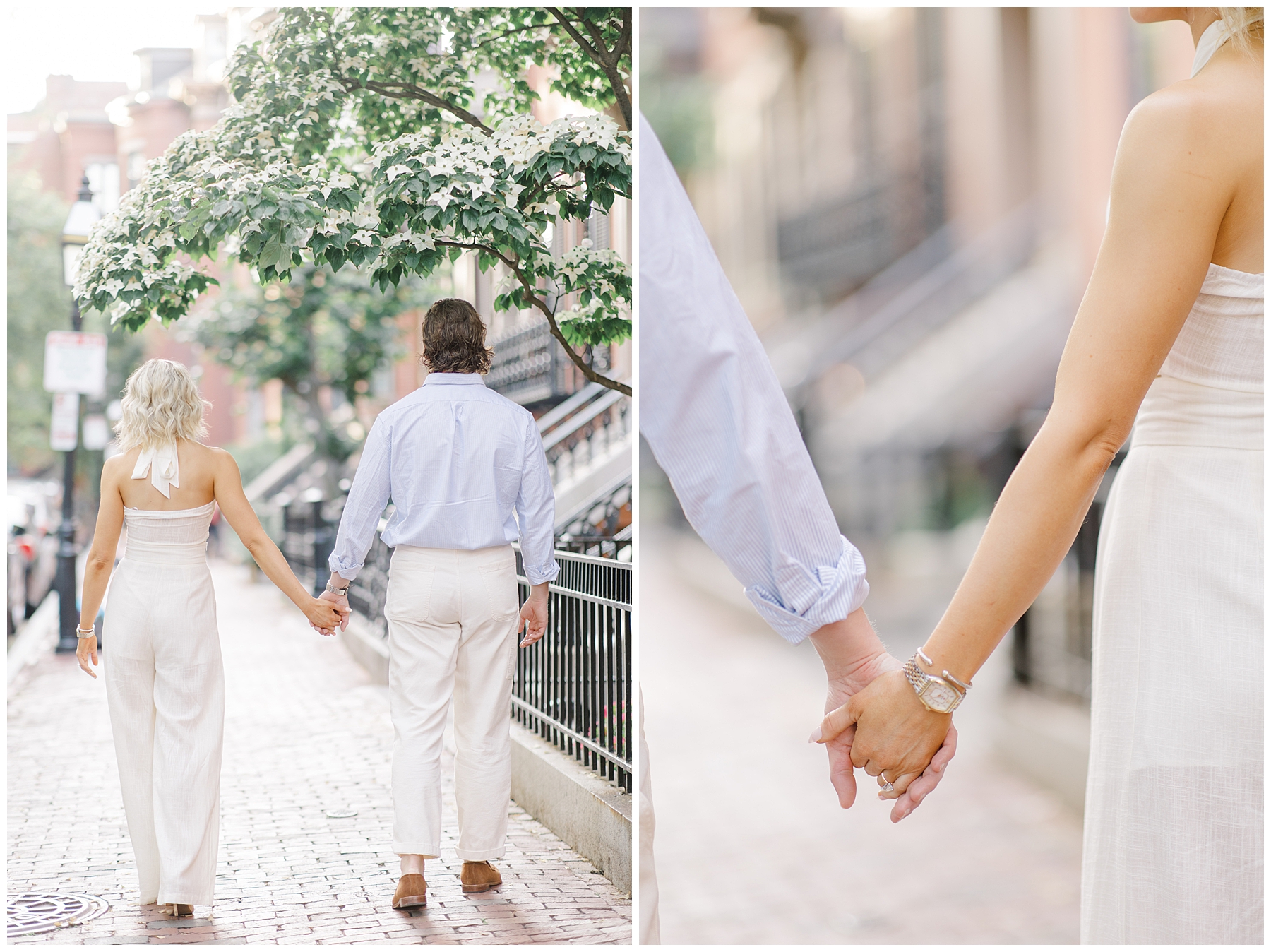 engaged couple walk together holding hands
