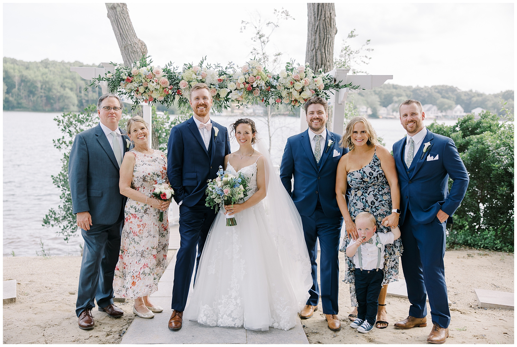 bride and groom with family at New England wedding venue, Lake Pearl