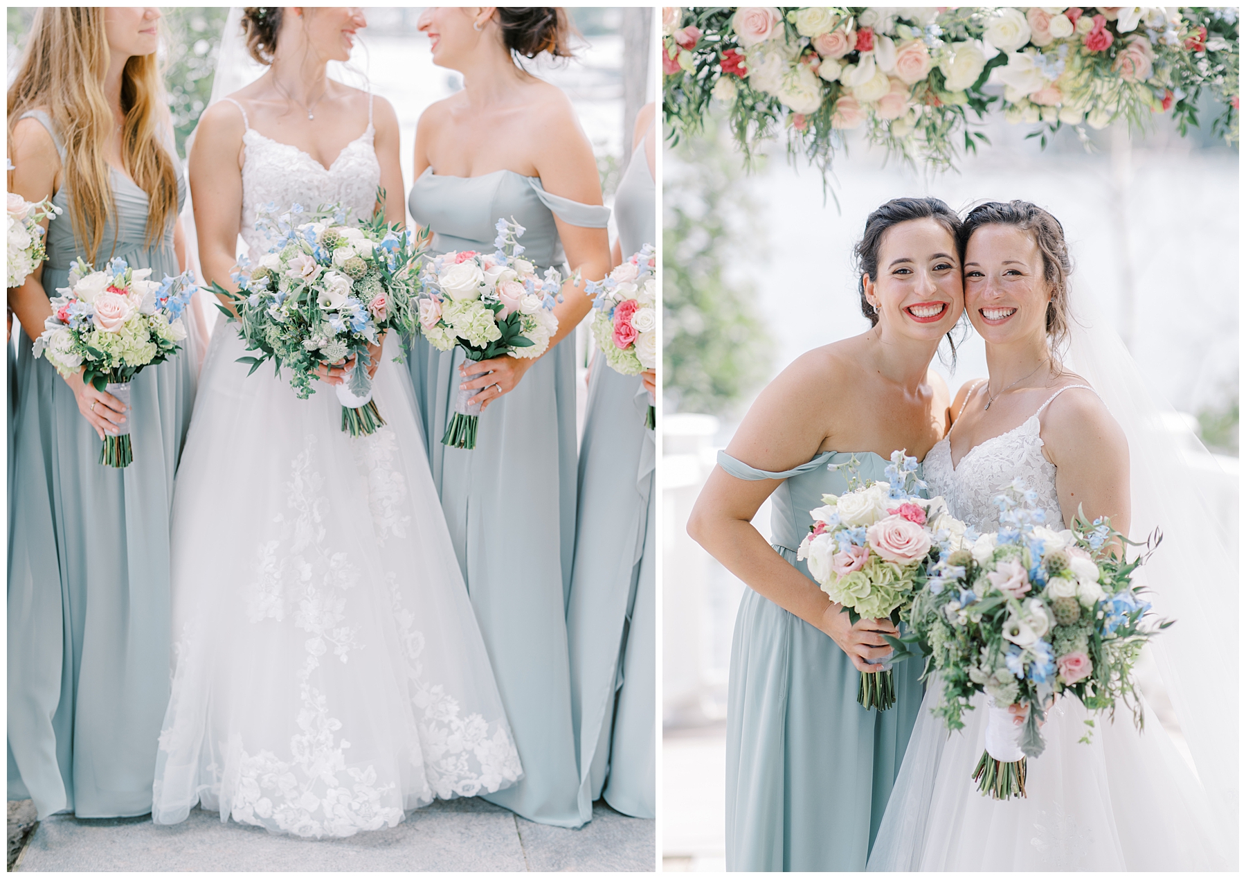 bride with bridesmaids in sage green dresses holding elegant summer bouquets 