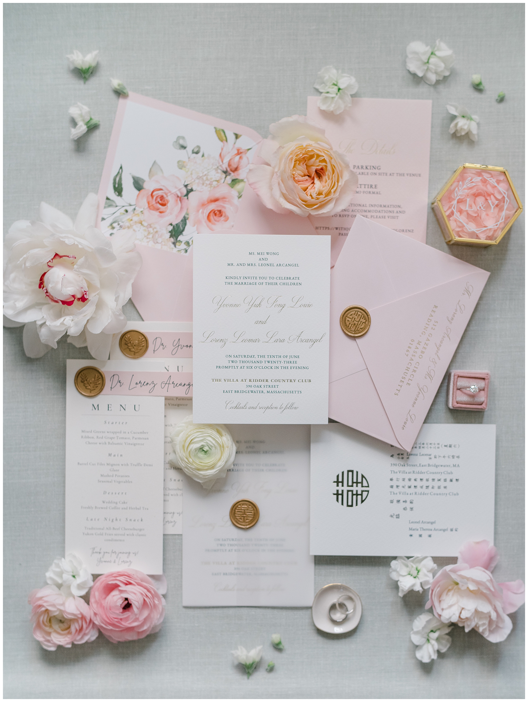 elegant flat lay and invitation suite from Timeless and Elegant Summer Wedding 