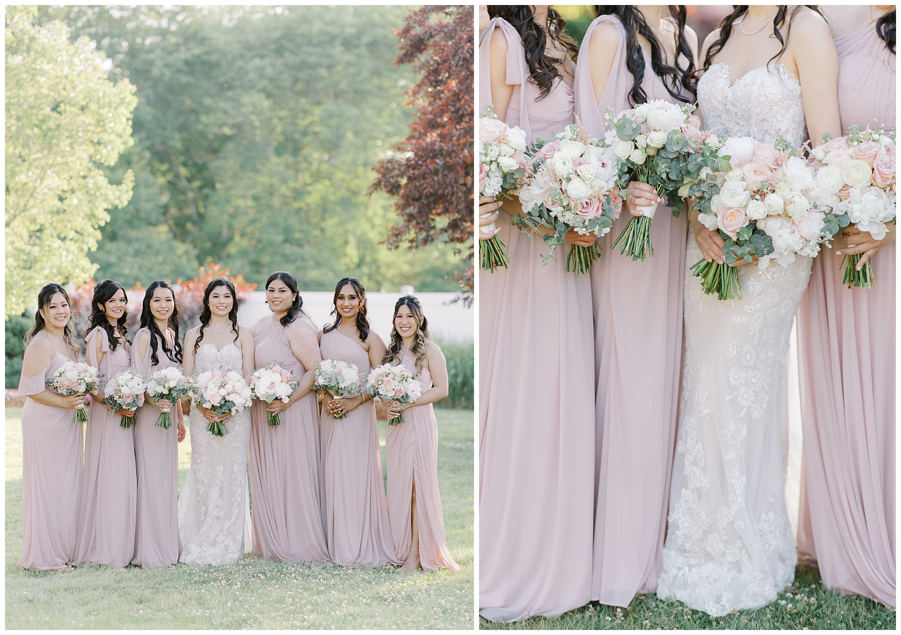 bridesmaids in blush pink dresses with bride holding elegant wedding bouquets
