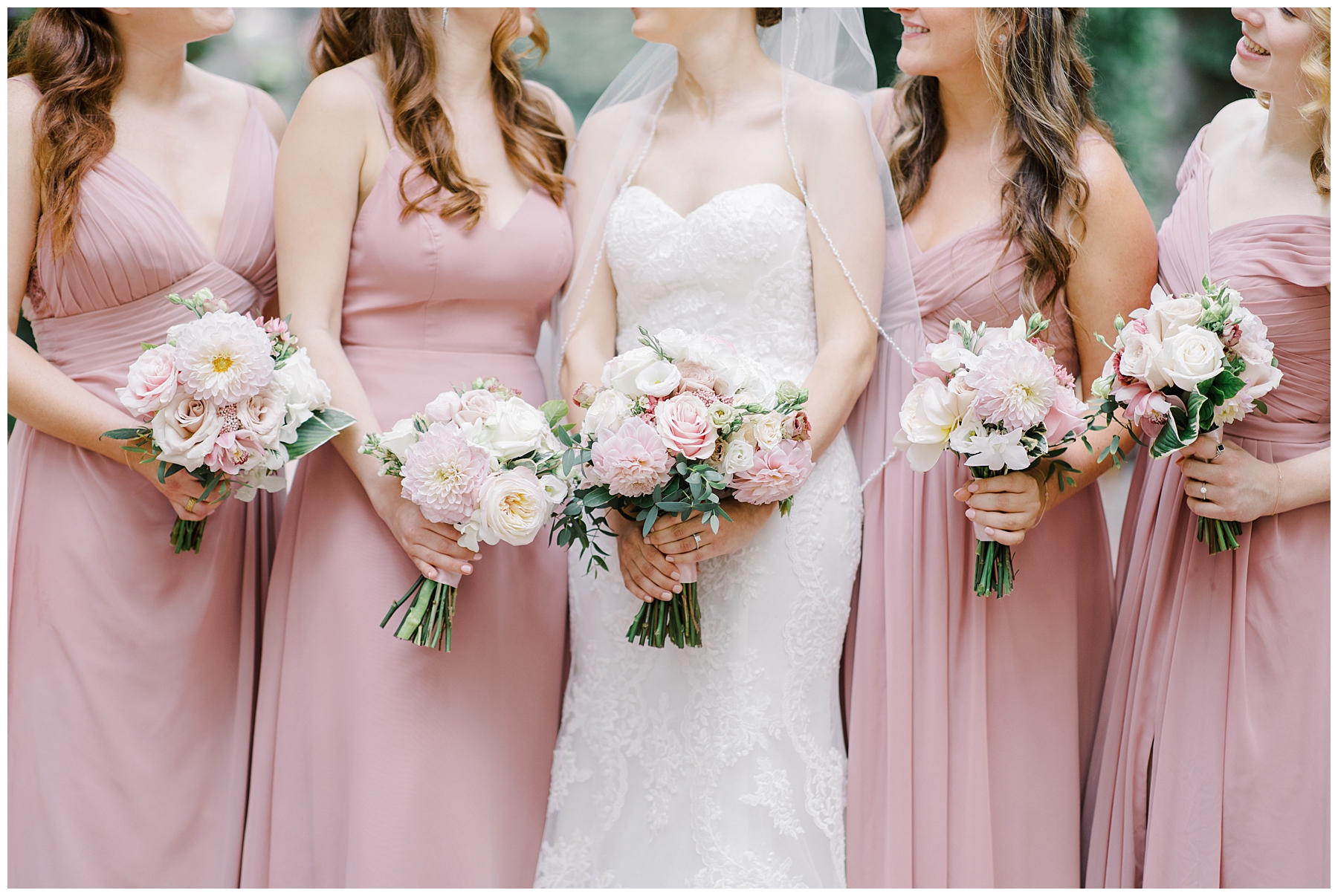 romantic color palette of bridal party in white and pink