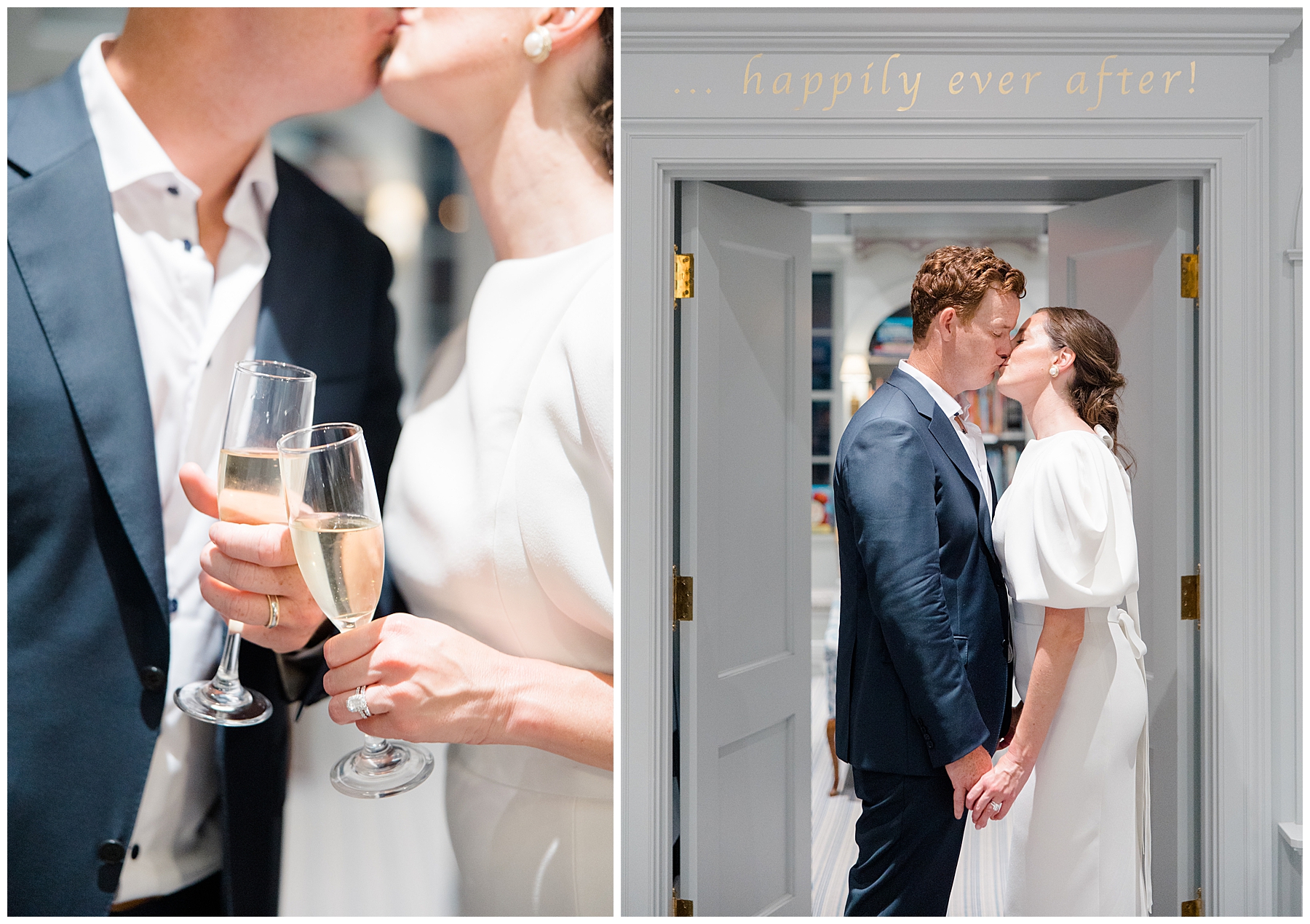 newlyweds kiss and toast with champagne