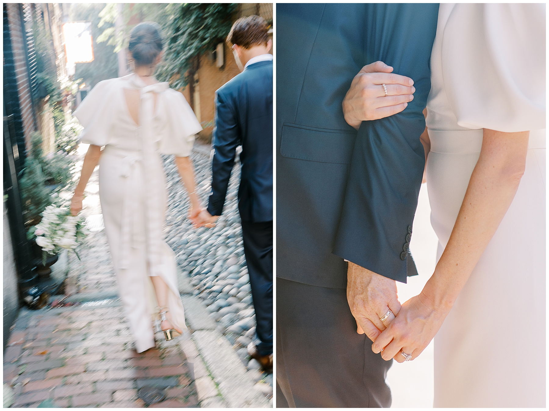 newlyweds hold hands walking down Boston street