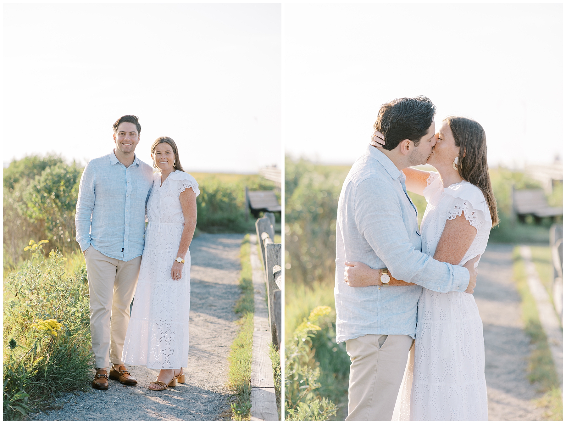 newly engaged couple kiss during engagement portraits in Cape Cod