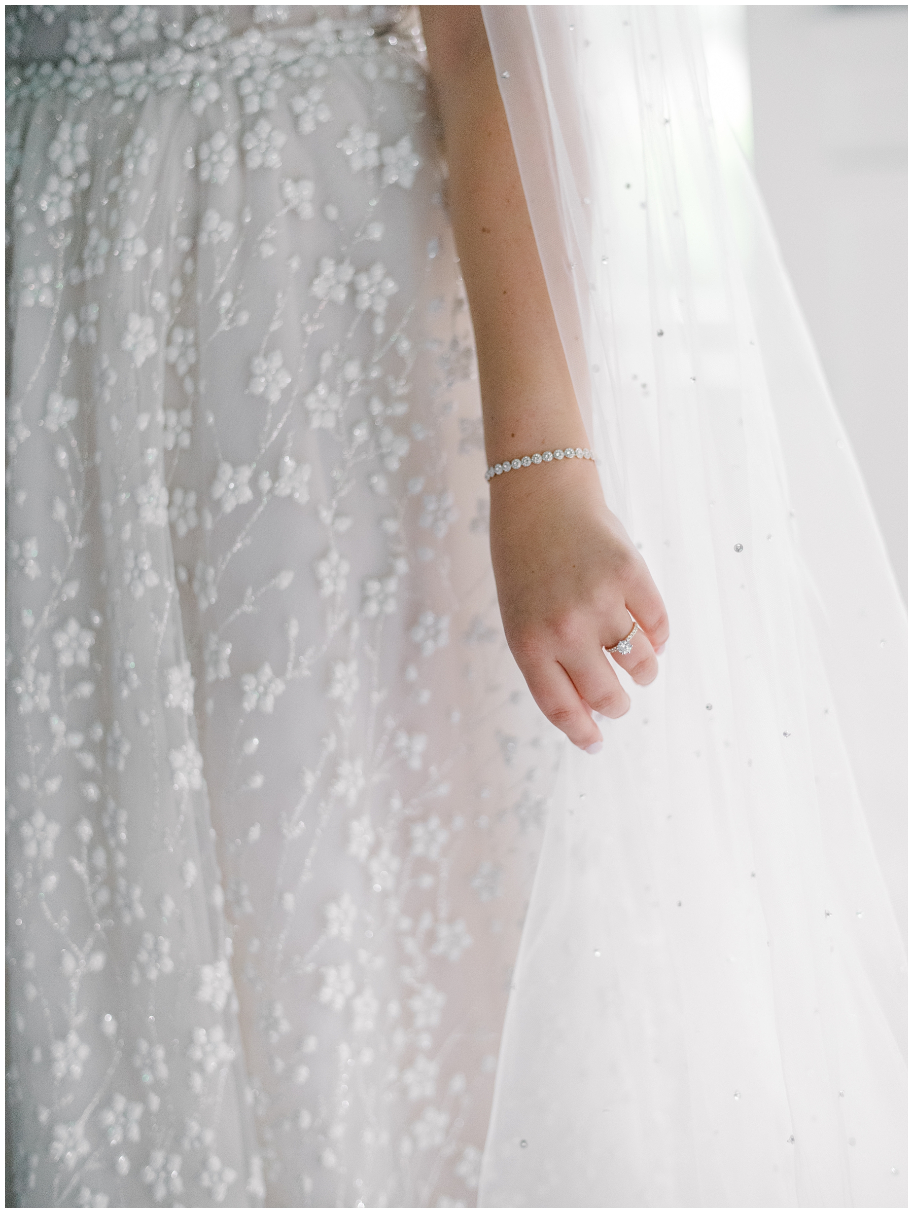 embroidered detail on bride's wedding dress