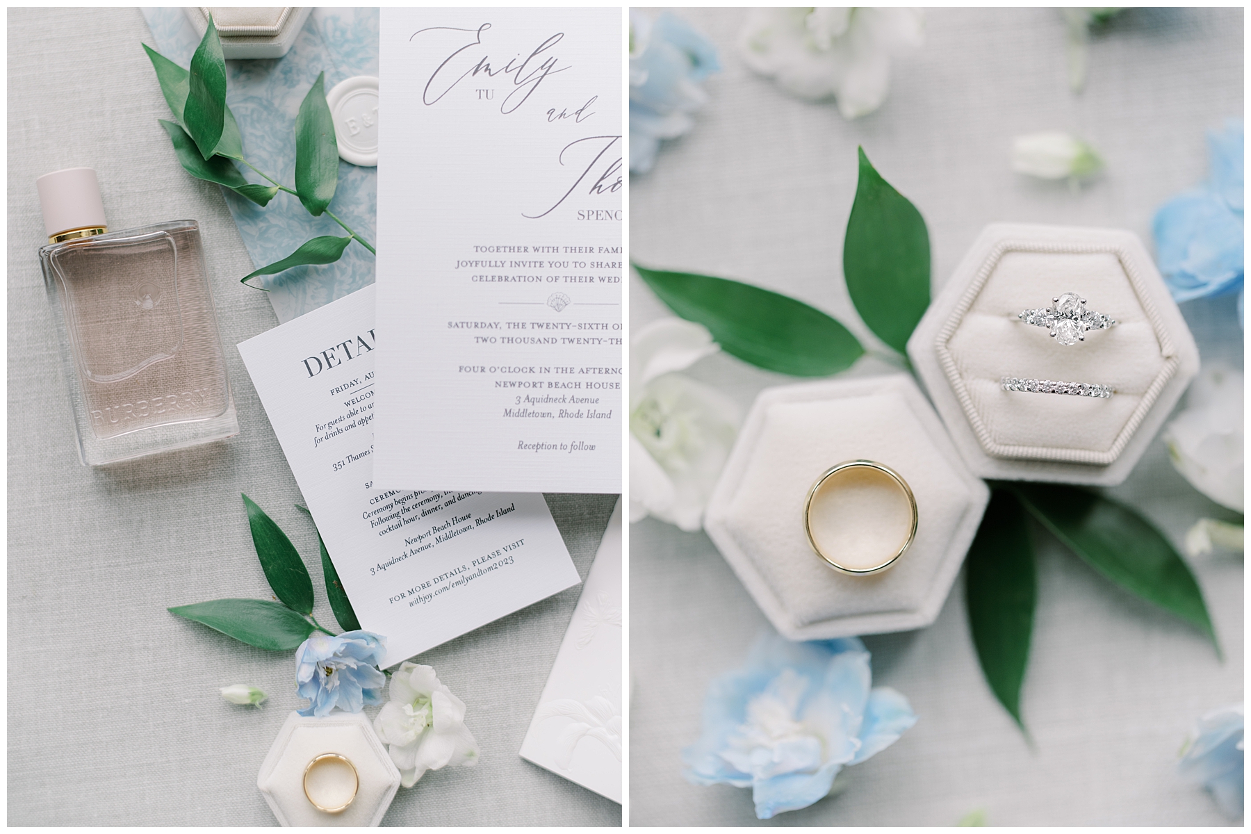elegant wedding details and rings in ring box