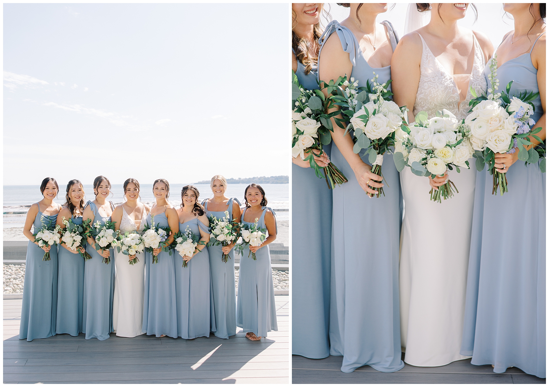 bride and bridesmaids in dusty blue dresses 
