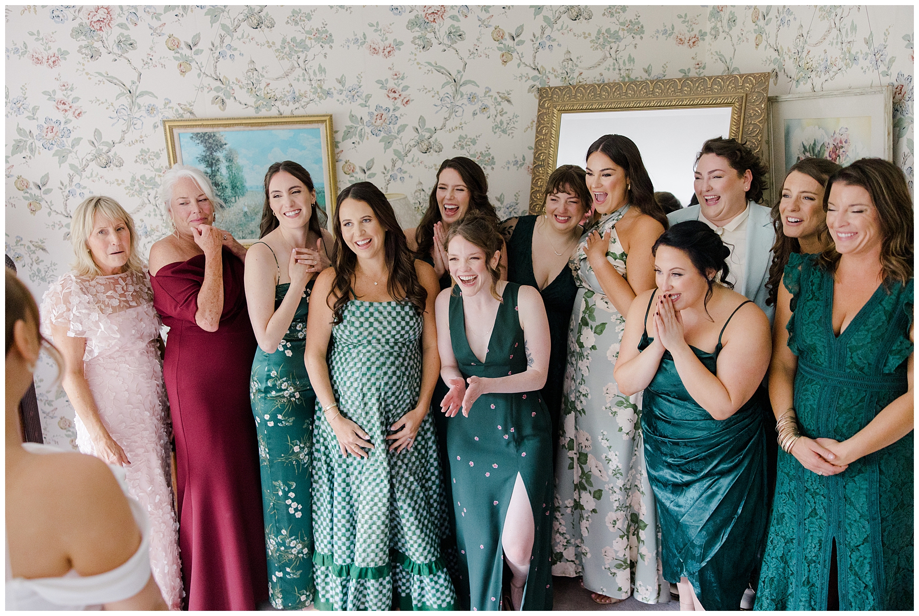 bride's first look with bridesmaids