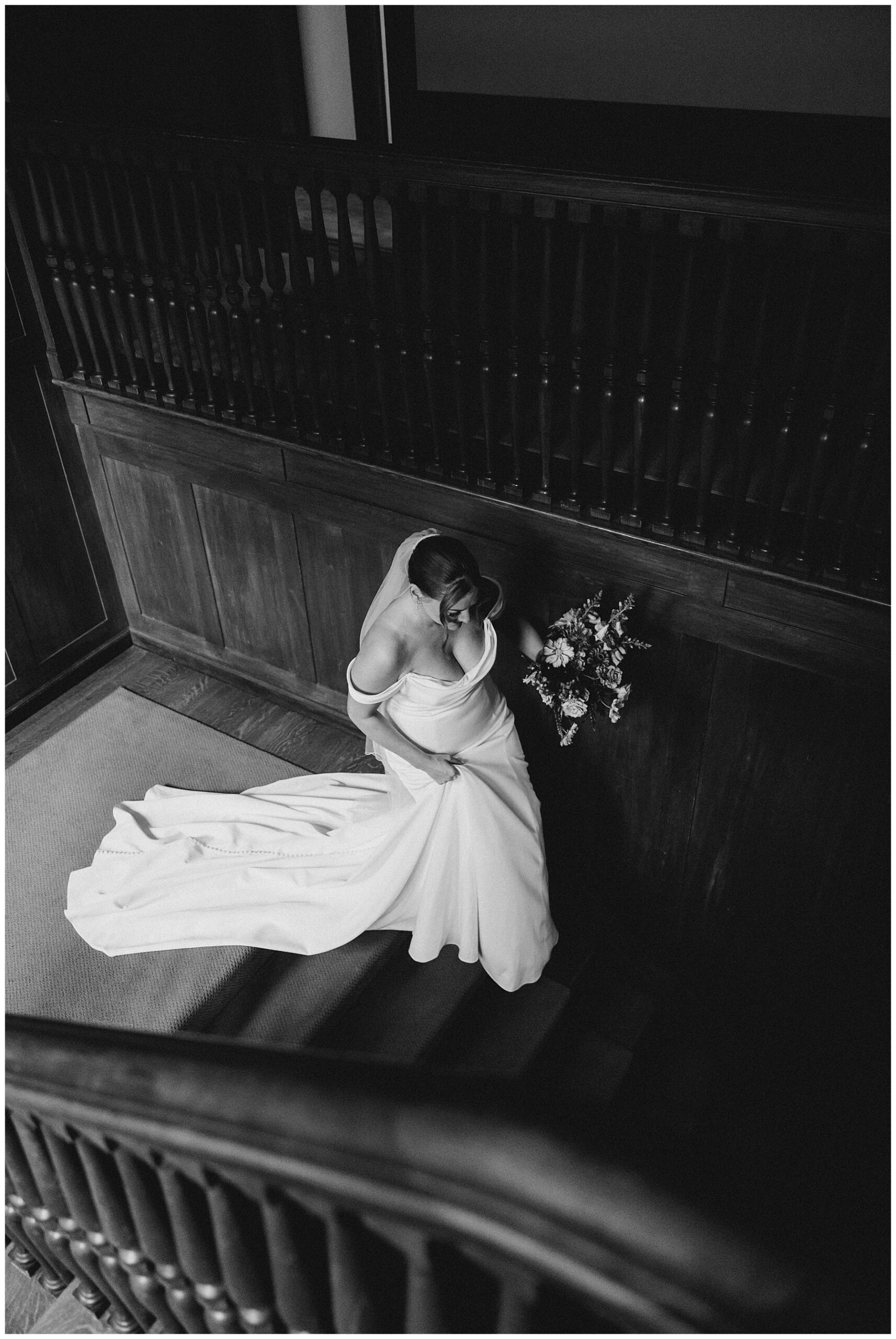 bride walks down the stairs 