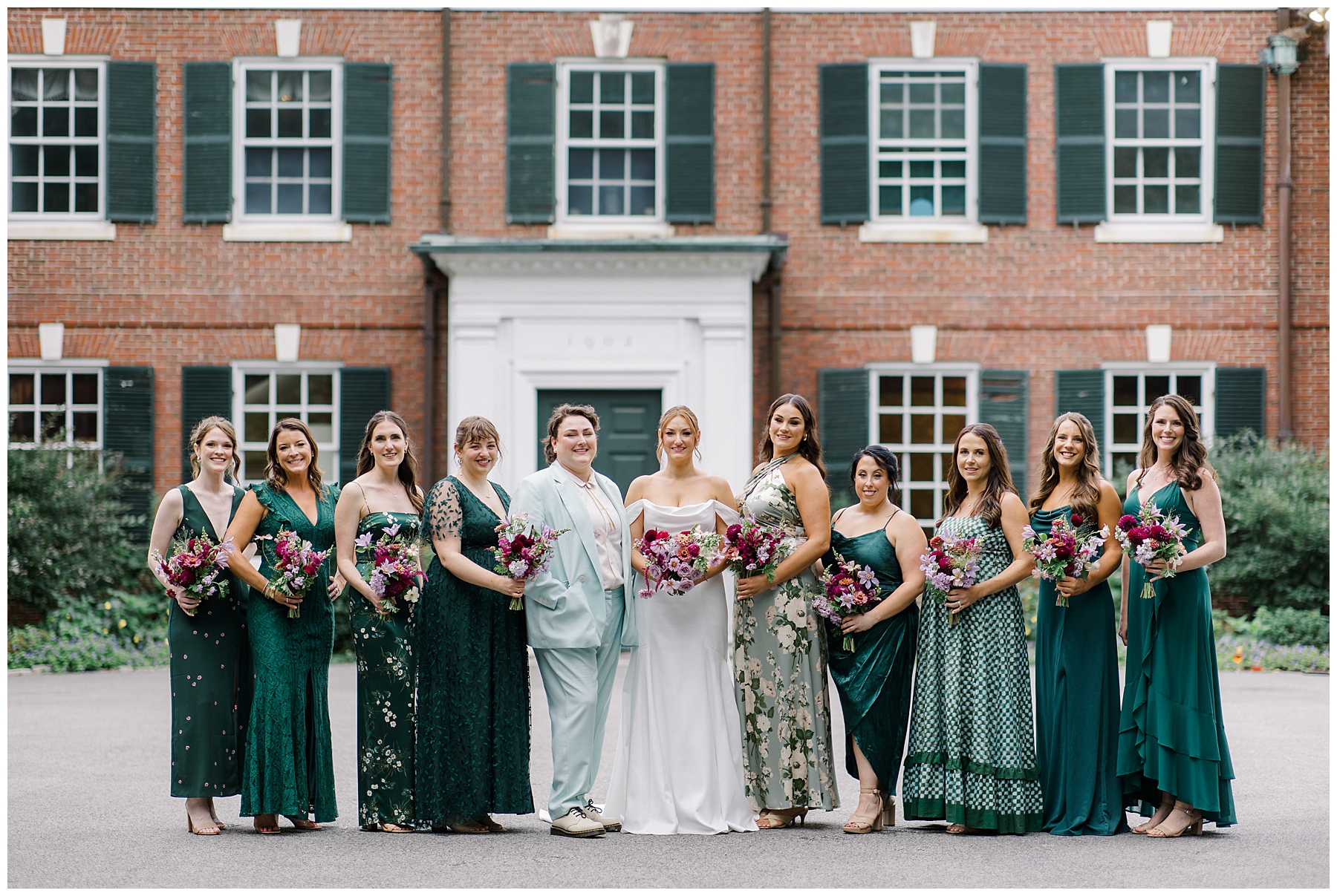 bride and bridesmaids in front of the Bradley Estate