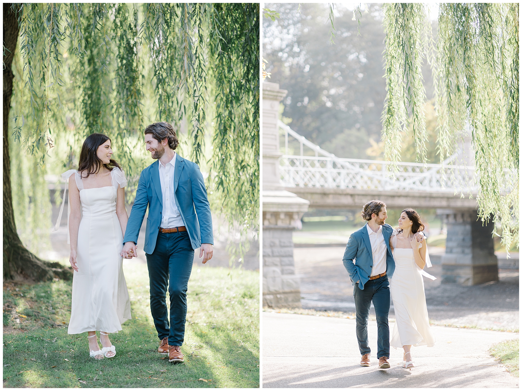Romantic Engagement Session in Boston under weeping willow tree