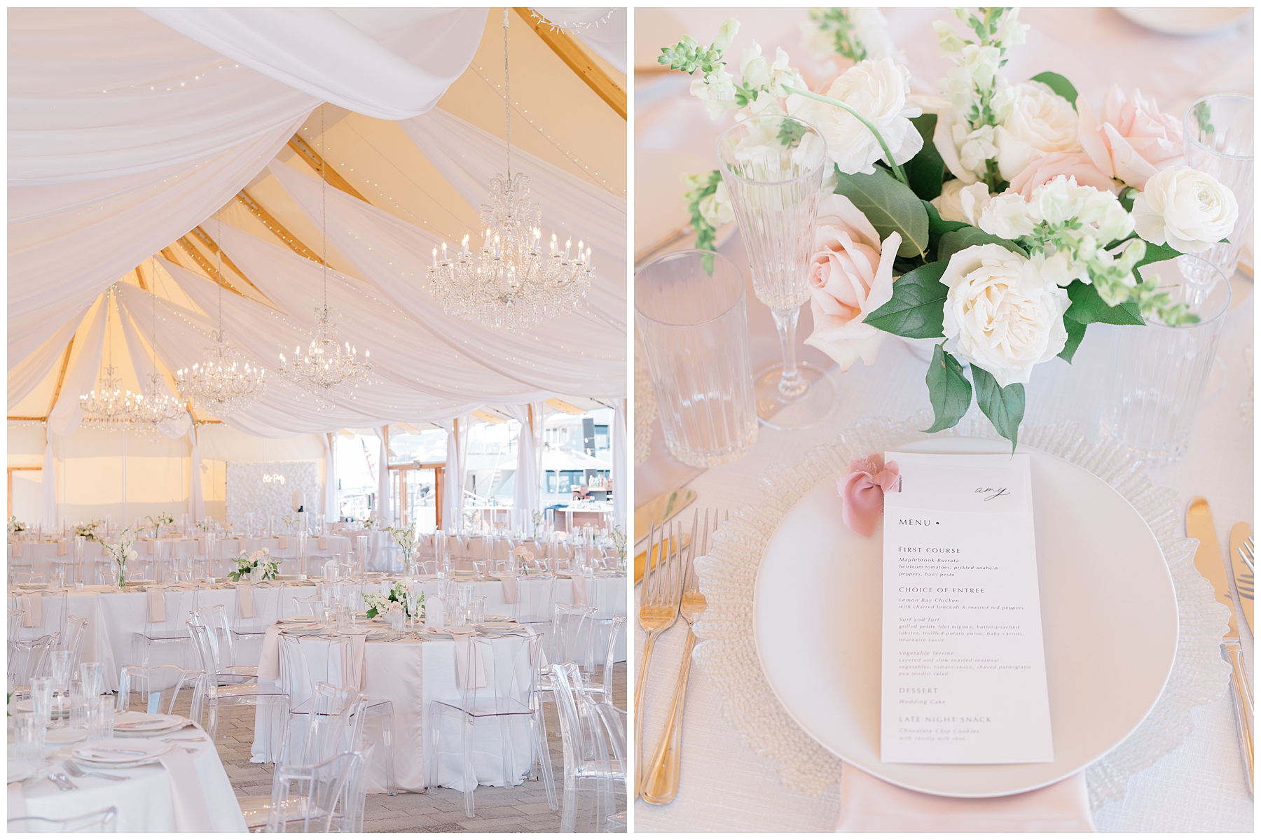 wedding reception florals in classic, blush colors