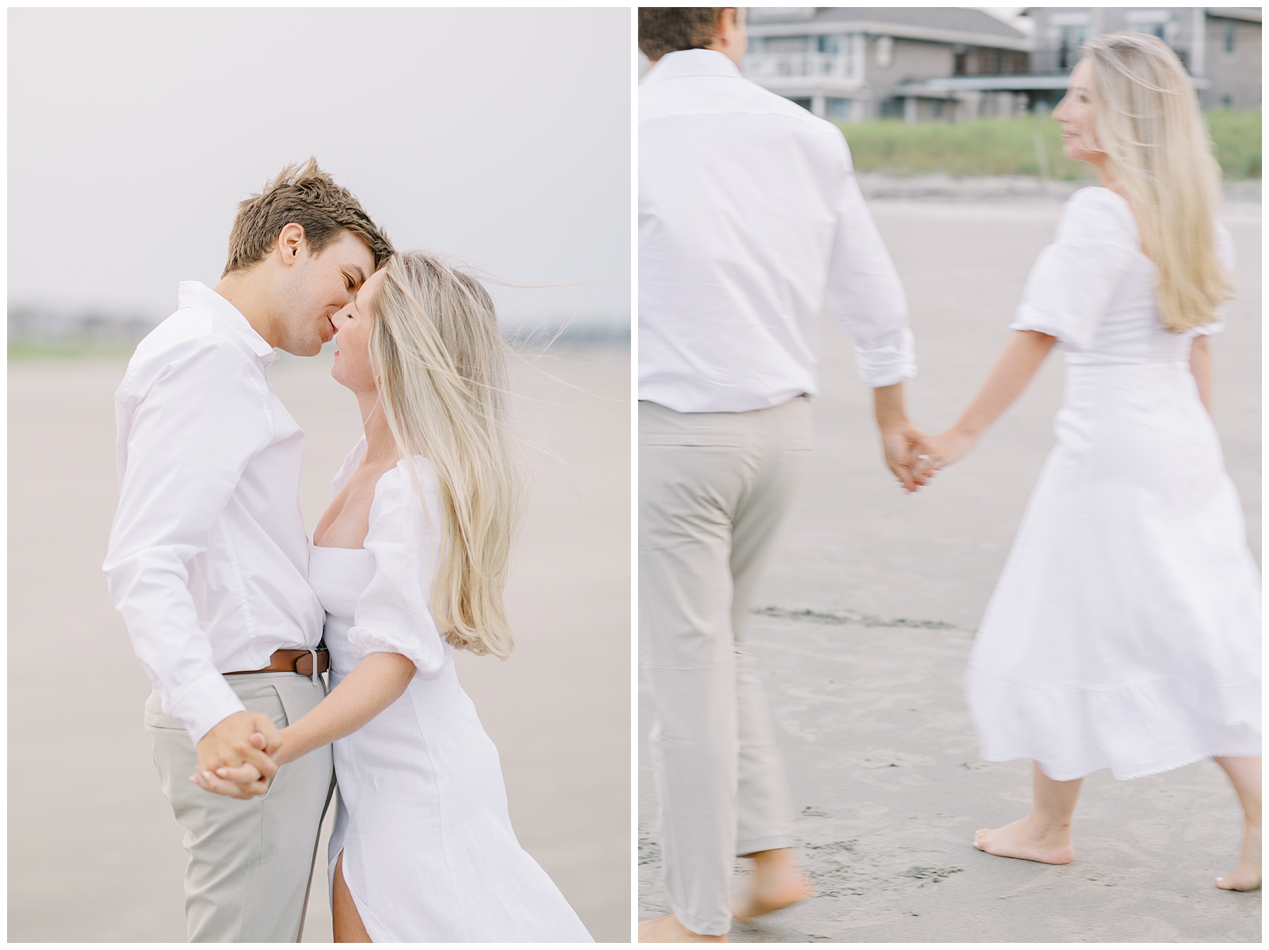couple walk along the beach during engagement session 