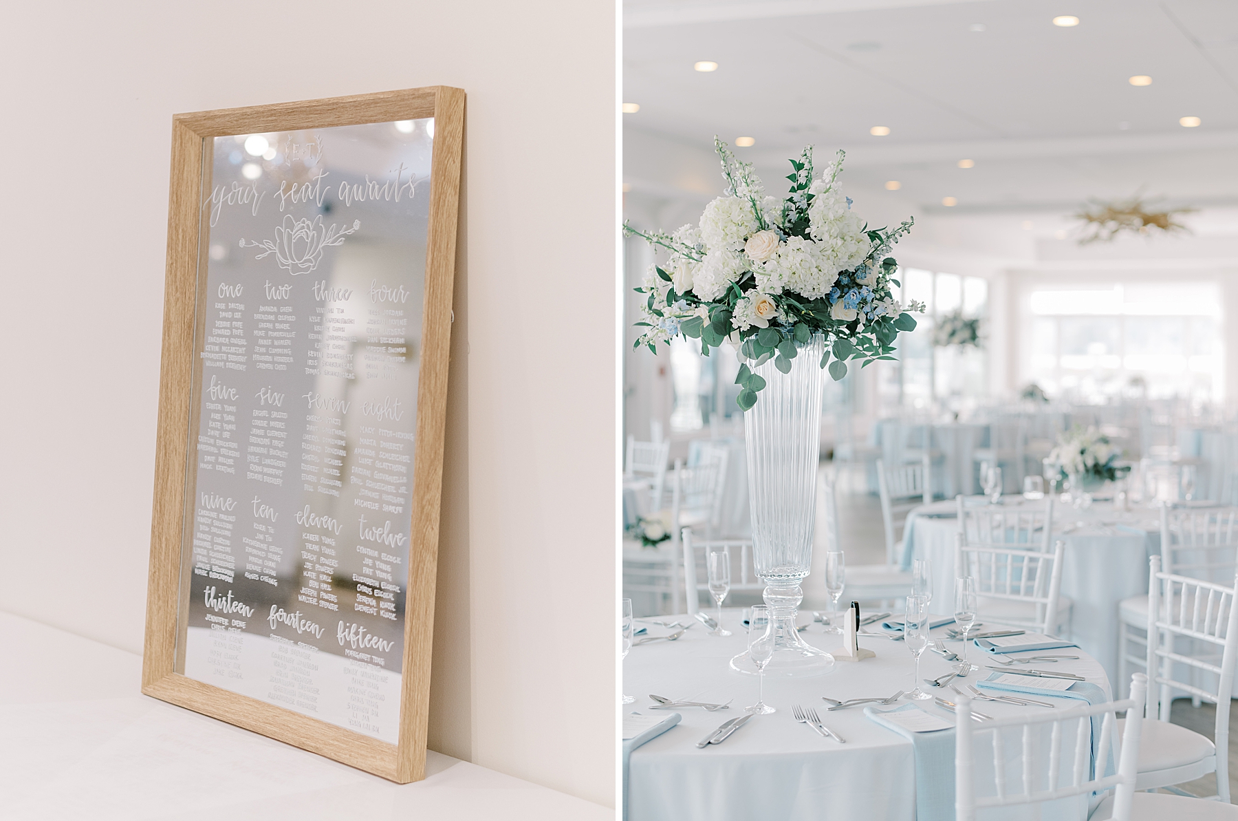 seating chart and tall white flower centerpieces
