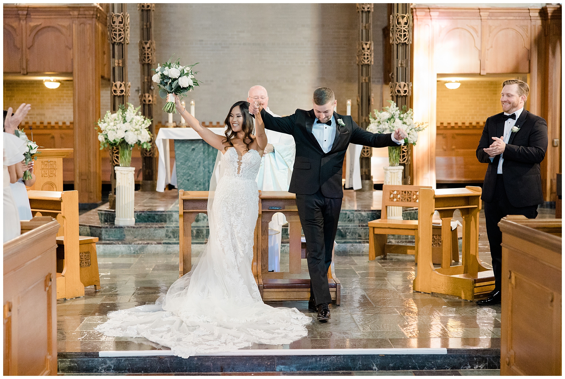 newlyweds celebrate as the exit wedding ceremony 