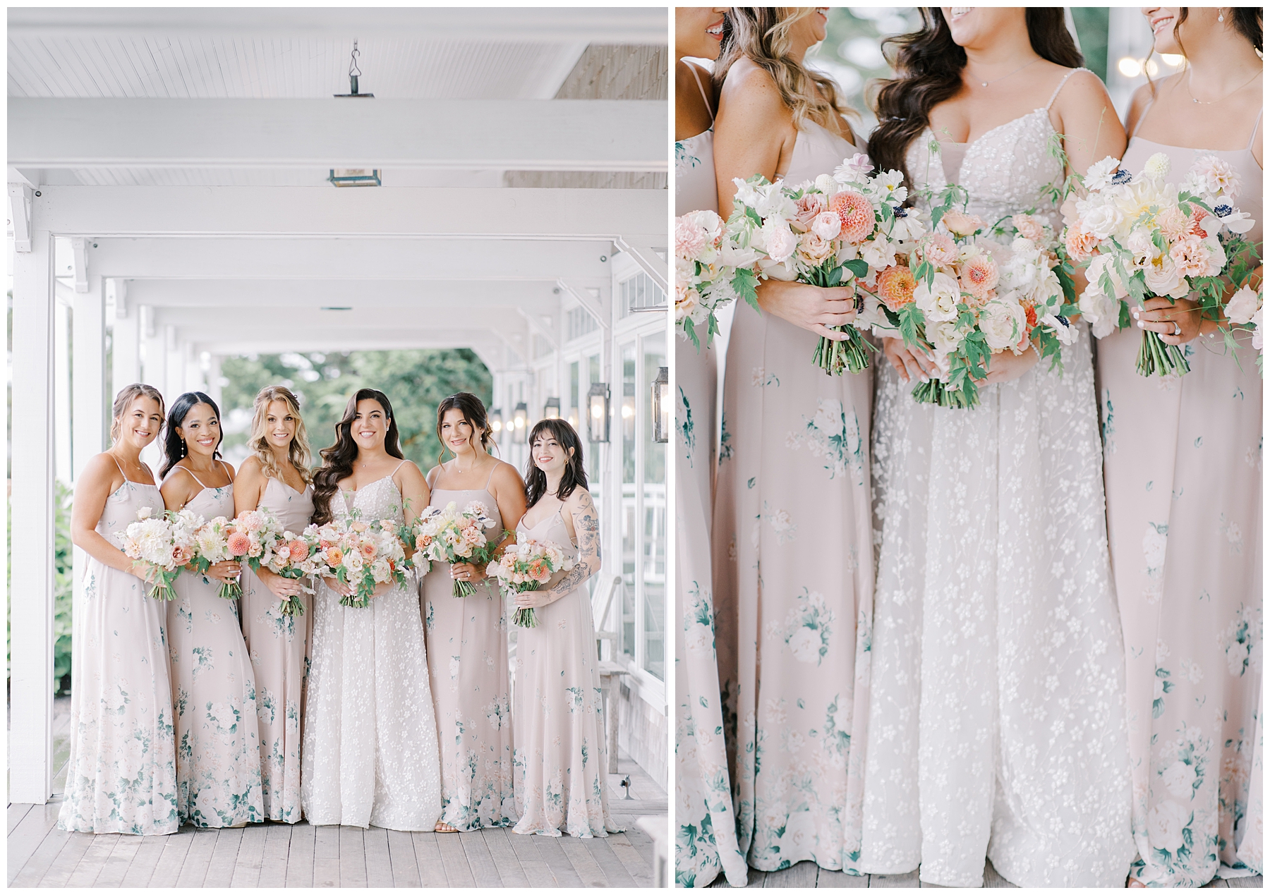 bride and bridesmaids and in light pink dresses with floral detail 